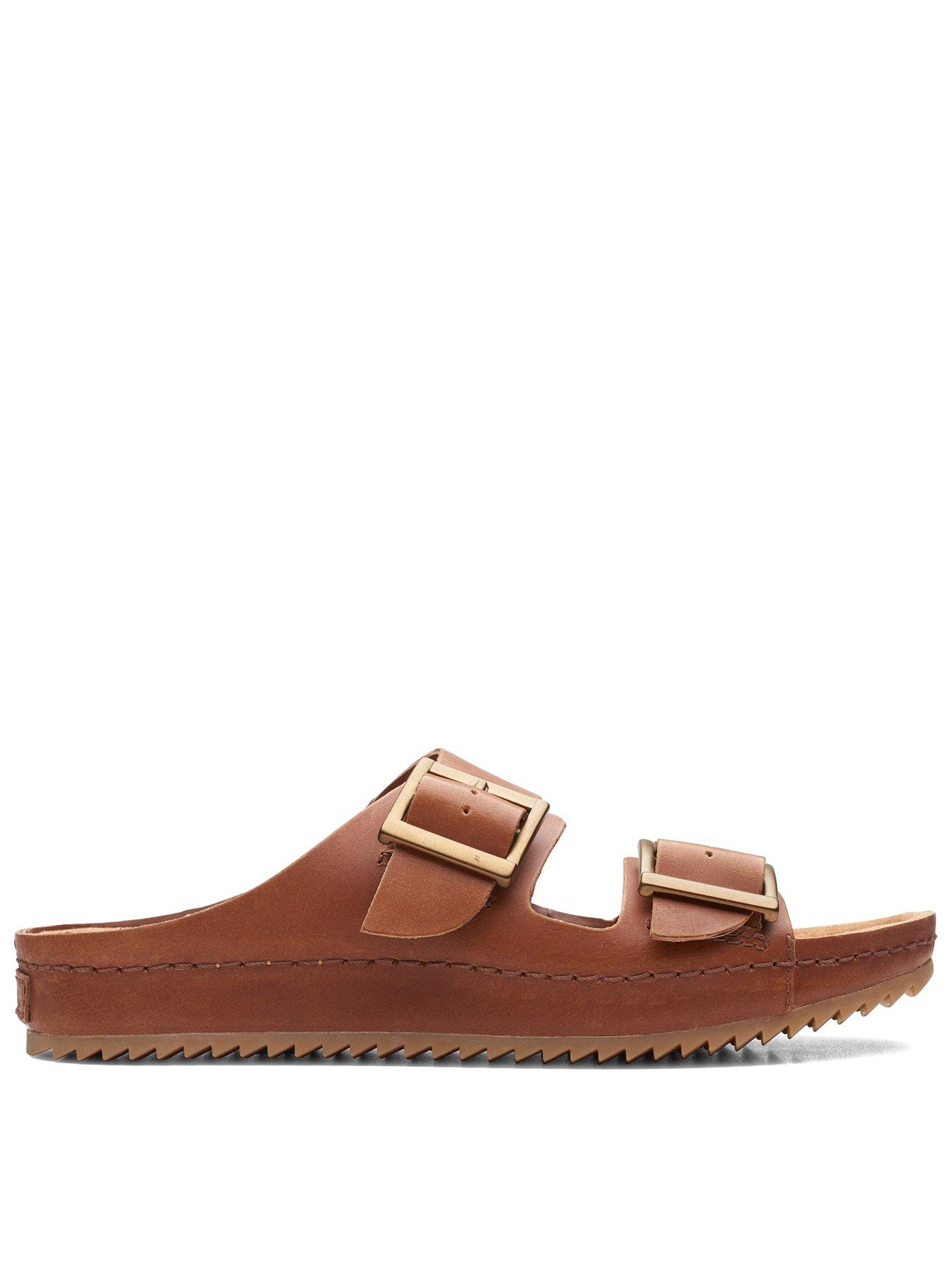 Clarks Brookleigh Sun Flat Sandals Dark Tan Leather