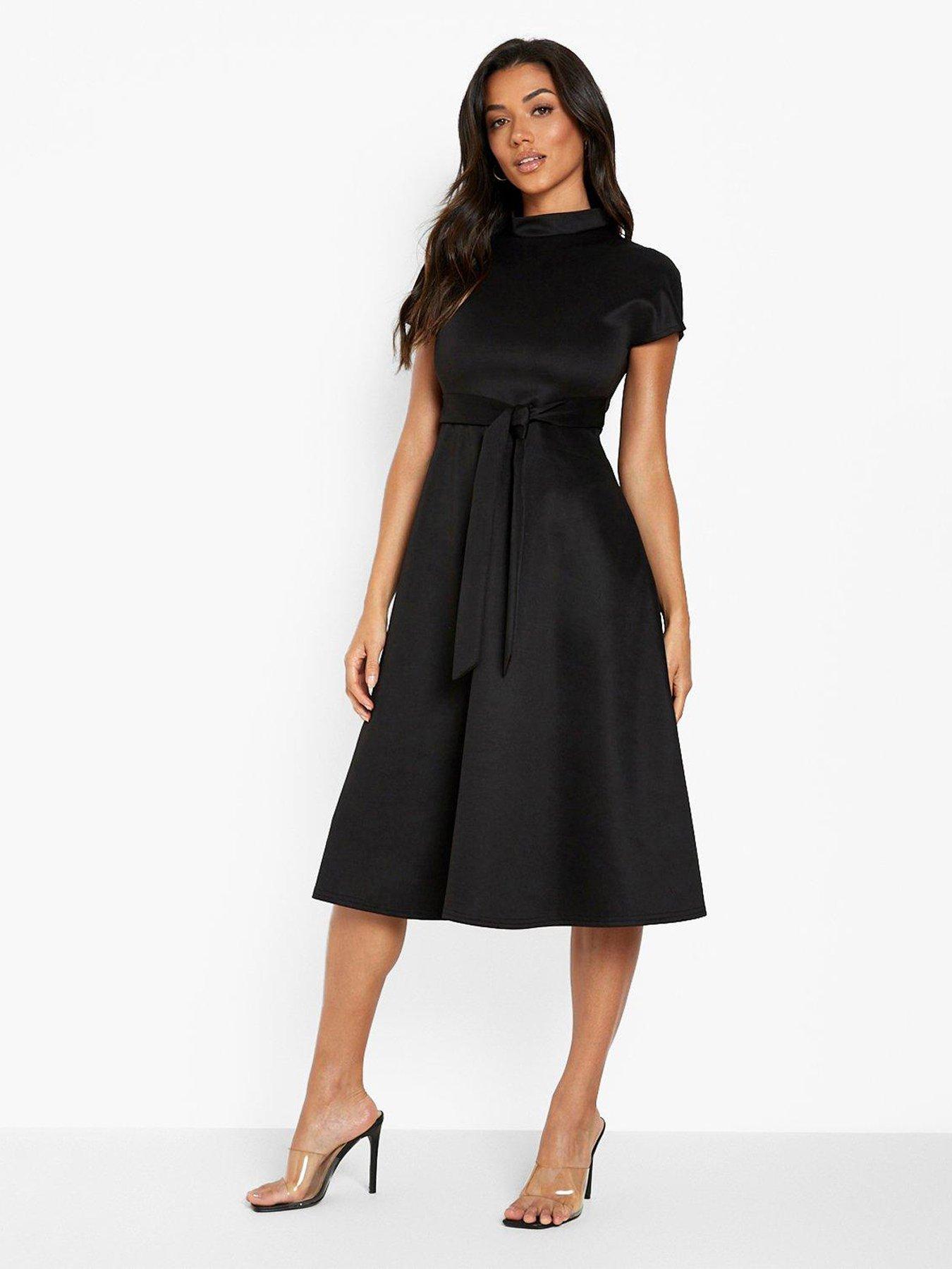 Funnel Neck Belted Midi Skater Dress Black