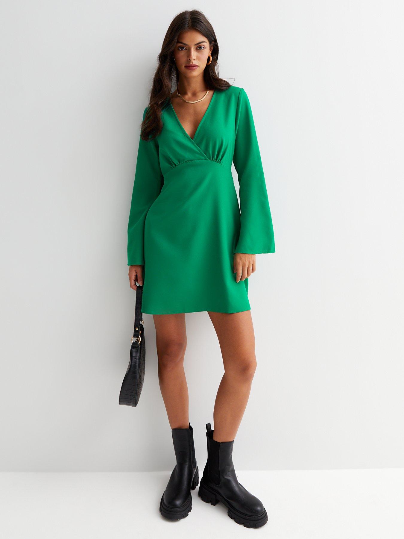 new-look-green-long-wide-sleeve-mini-tunic-wrap-dressfront