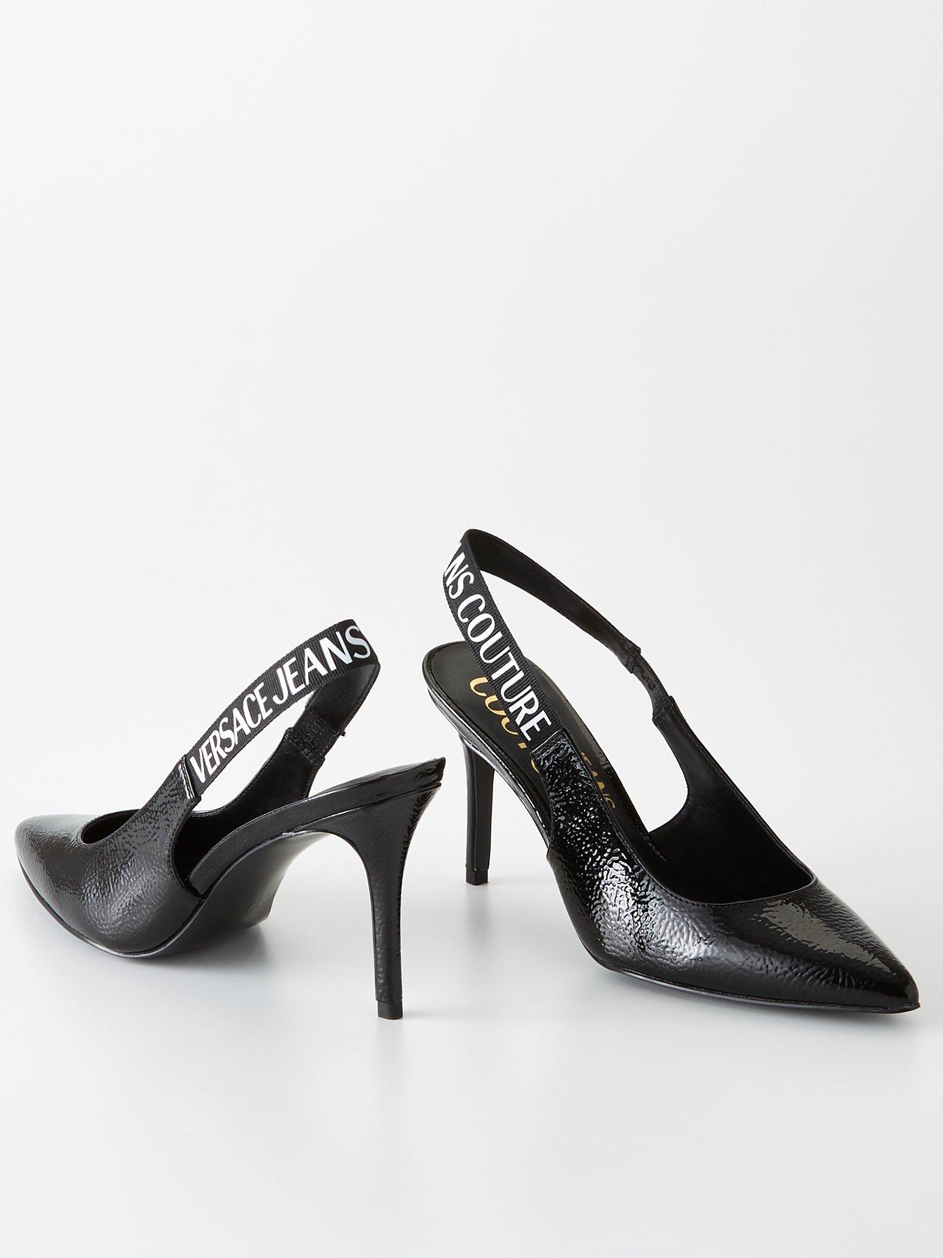 Versace black and on sale white logo strap heels