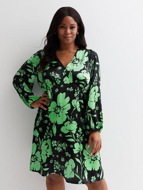 new-look-curves-green-floral-satin-long-sleeve-button-front-mini-dress
