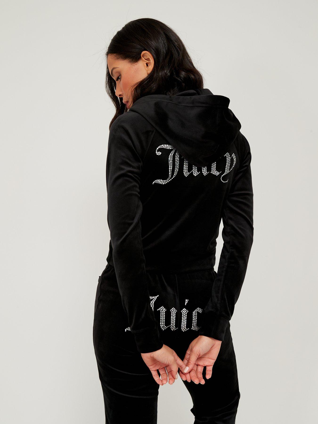 Image 1 of 5 of Juicy Couture Womens Diamante Velour Zip Up Hoodie - Black