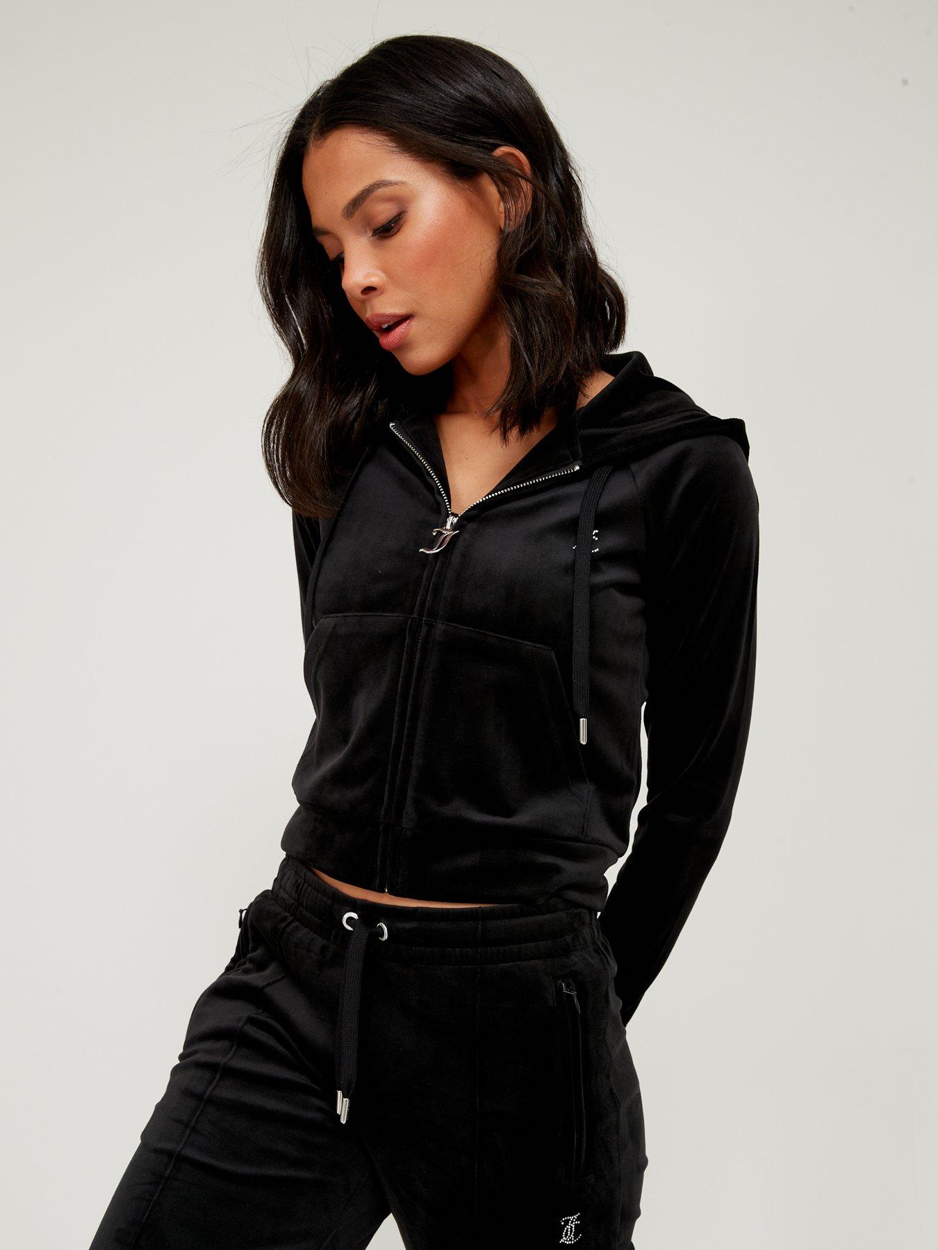 Image 2 of 5 of Juicy Couture Womens Diamante Velour Zip Up Hoodie - Black