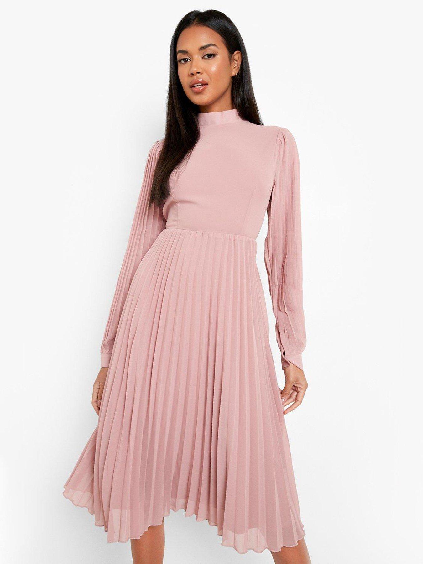 Boohoo Pleated High Neck Skater Midi Dress - Rose