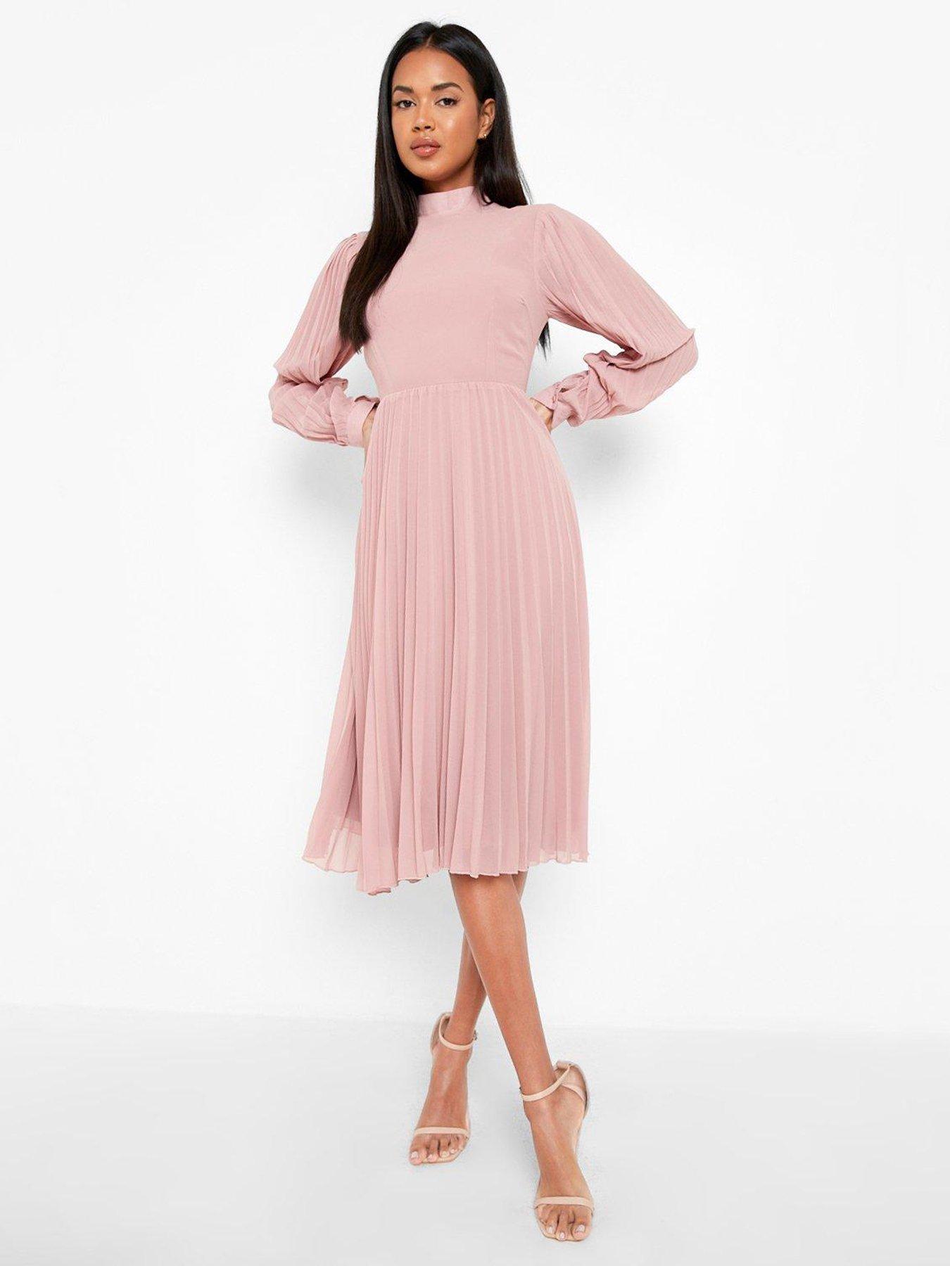 Pleated high neck midi sales dress