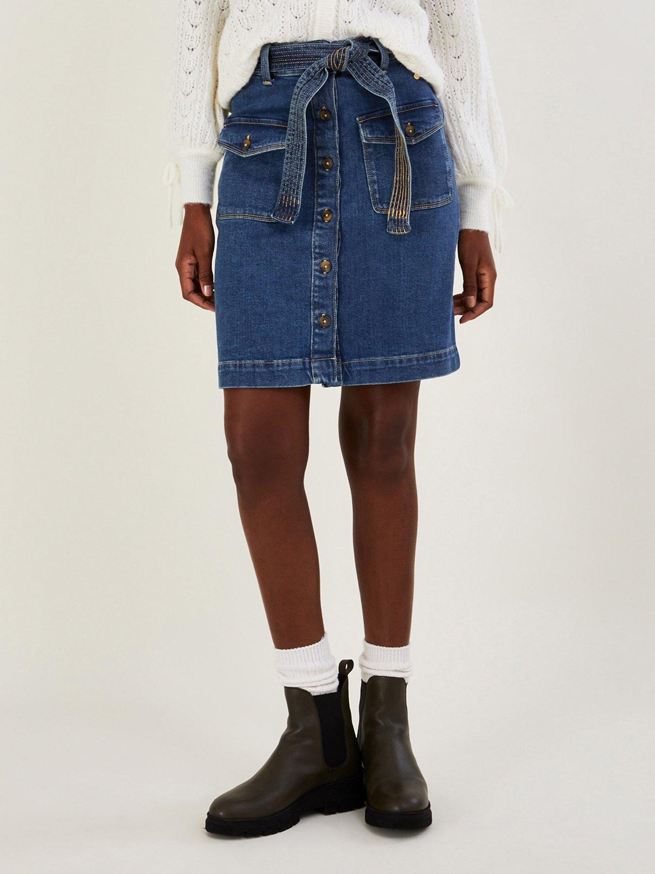 Image 1 of 4 of Monsoon Denim Button Through Belted Skirt - Indigo