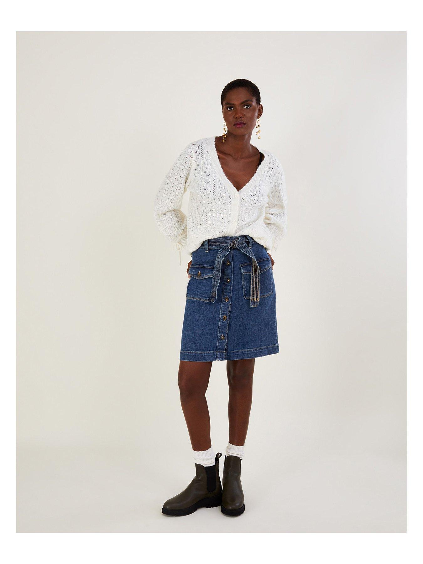 Image 3 of 4 of Monsoon Denim Button Through Belted Skirt - Indigo