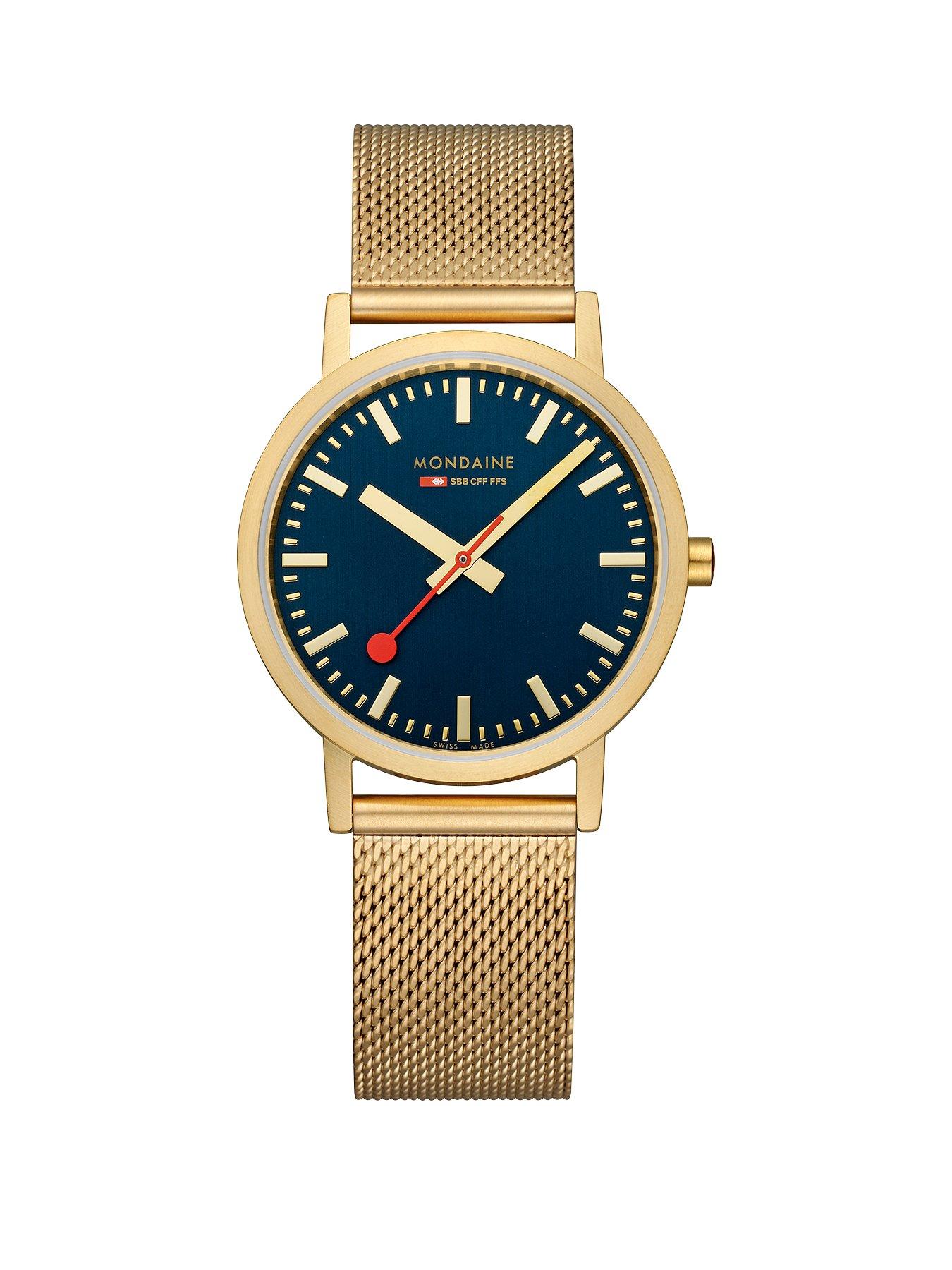 mondaine-classic-golden-36mm-case-deep-ocean-blue-watch-with-mesh-braceletfront