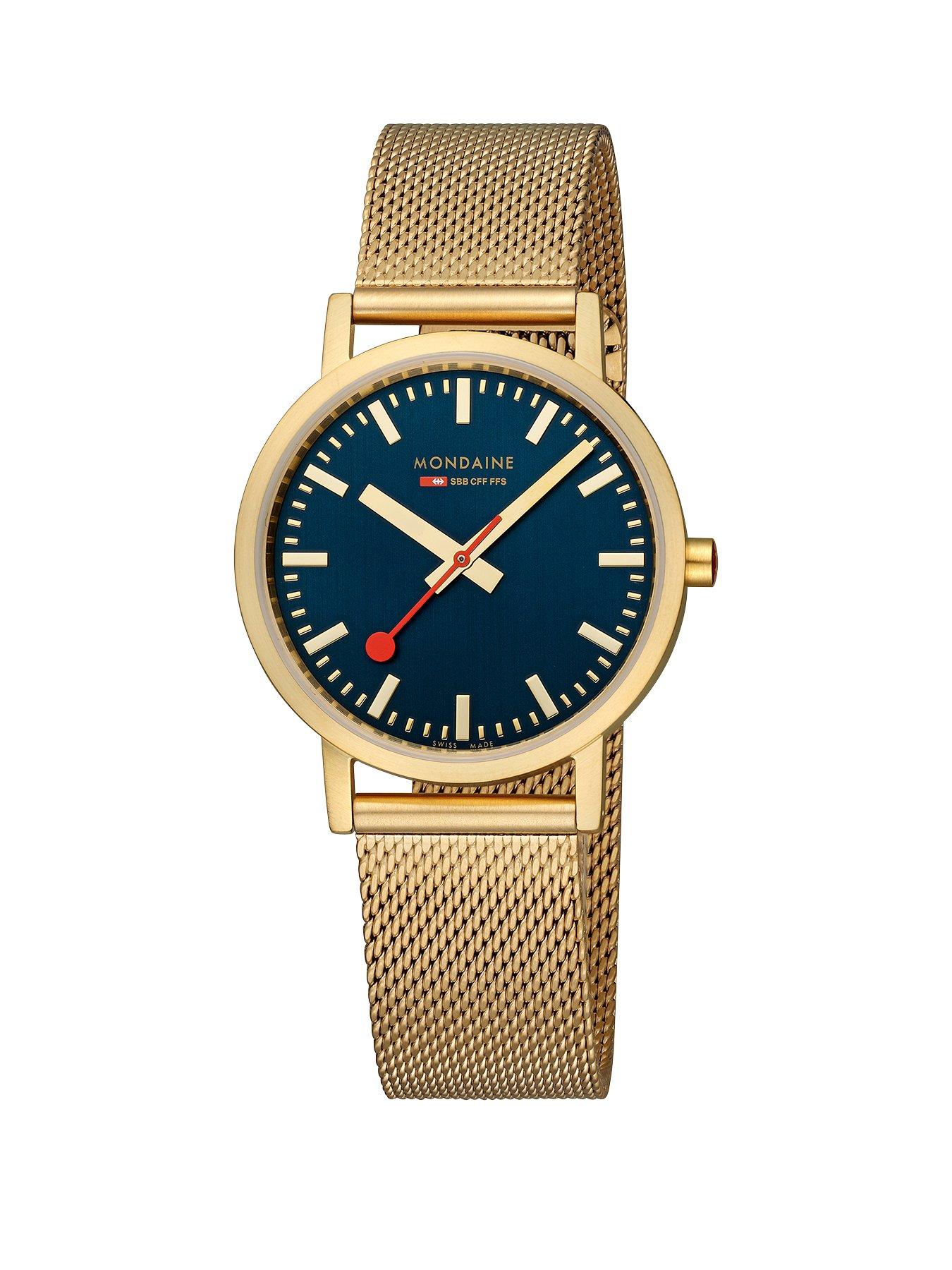 mondaine-classic-golden-36mm-case-deep-ocean-blue-watch-with-mesh-braceletstillFront