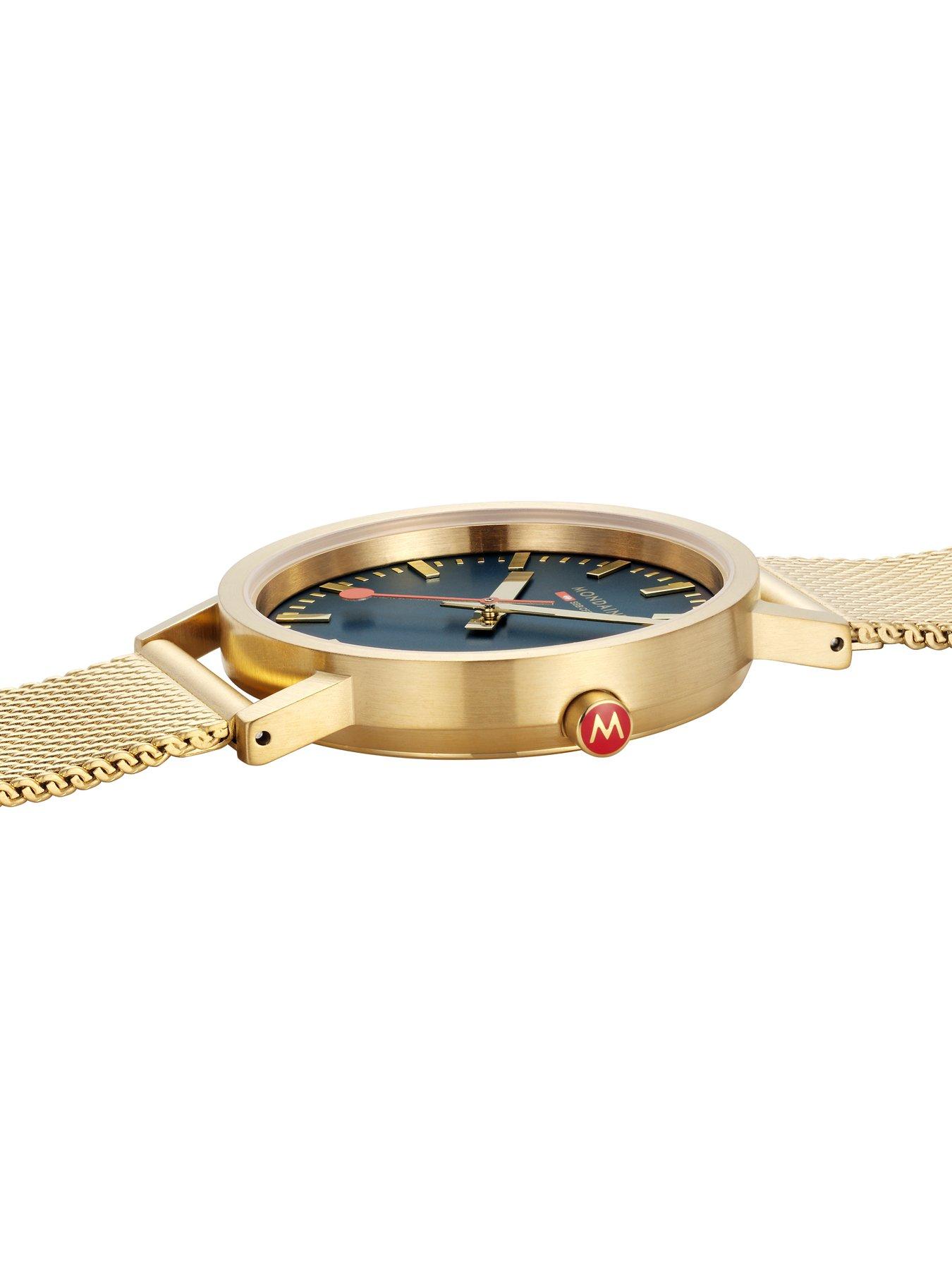 mondaine-classic-golden-36mm-case-deep-ocean-blue-watch-with-mesh-braceletdetail