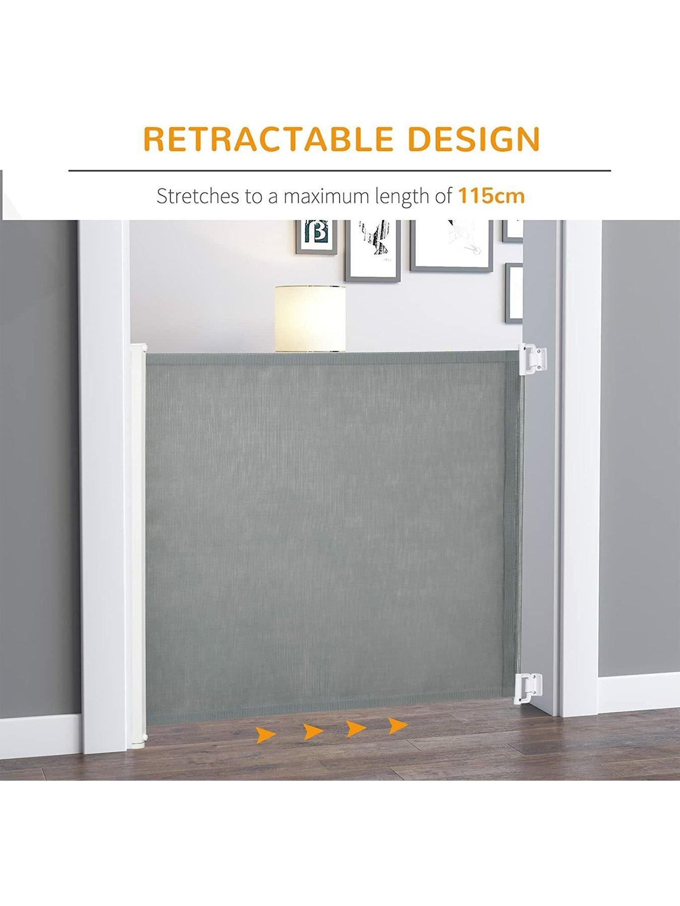 Image 4 of 6 of PawHut PawHut Retractable Safety Gate Dog Pet Guard Barrier Folding Protector Home Doorway Room Divider Stair Guard Grey 115L x 82.5H cm