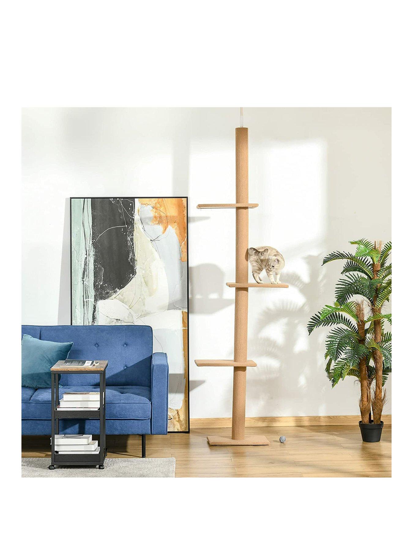 undefined PawHut 260cm Floor To Ceiling Cat Tree w/ 3 Perches Flannel Upholstery Kitten Brown