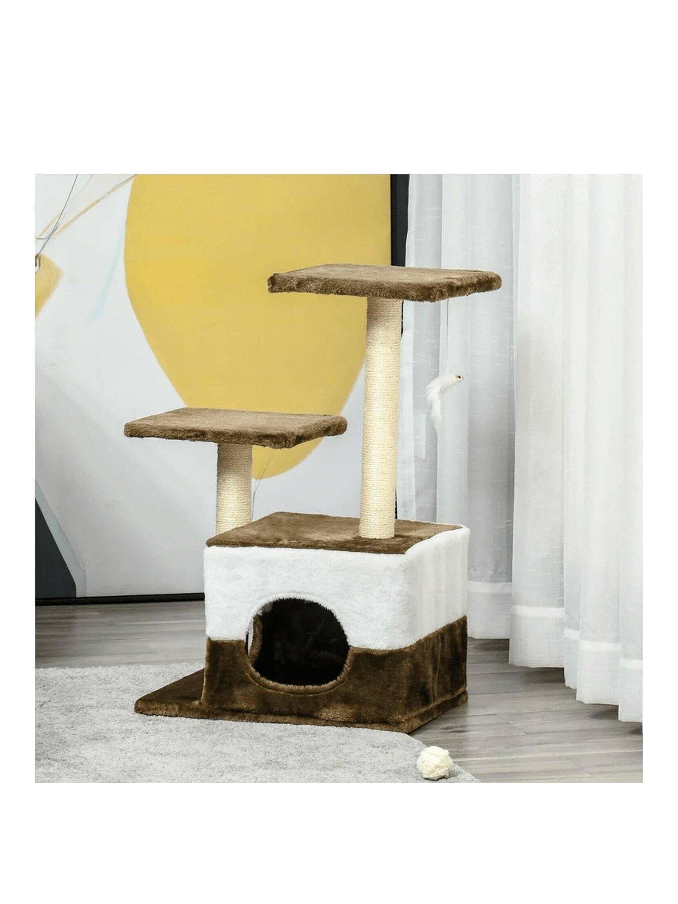 pawhut-pawhut-cat-tree-tower-kitten-house-scratching-posts-with-condo-perch-interactive-mouse-toy-45-x-33-x-70-cm-brown