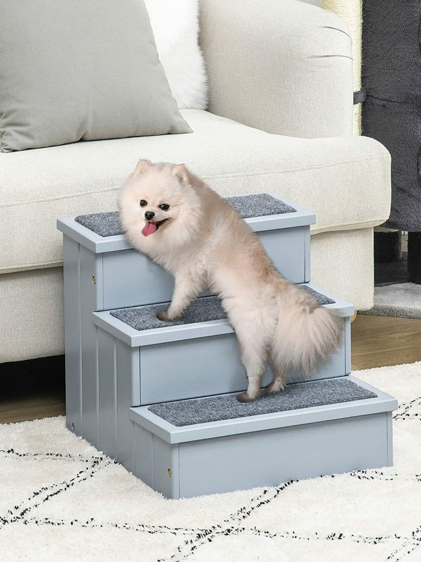 Image 3 of 7 of PawHut PawHut 3 Step Wooden Pet Stairs Steps Dog Stairs Carpet Non Slip Grey