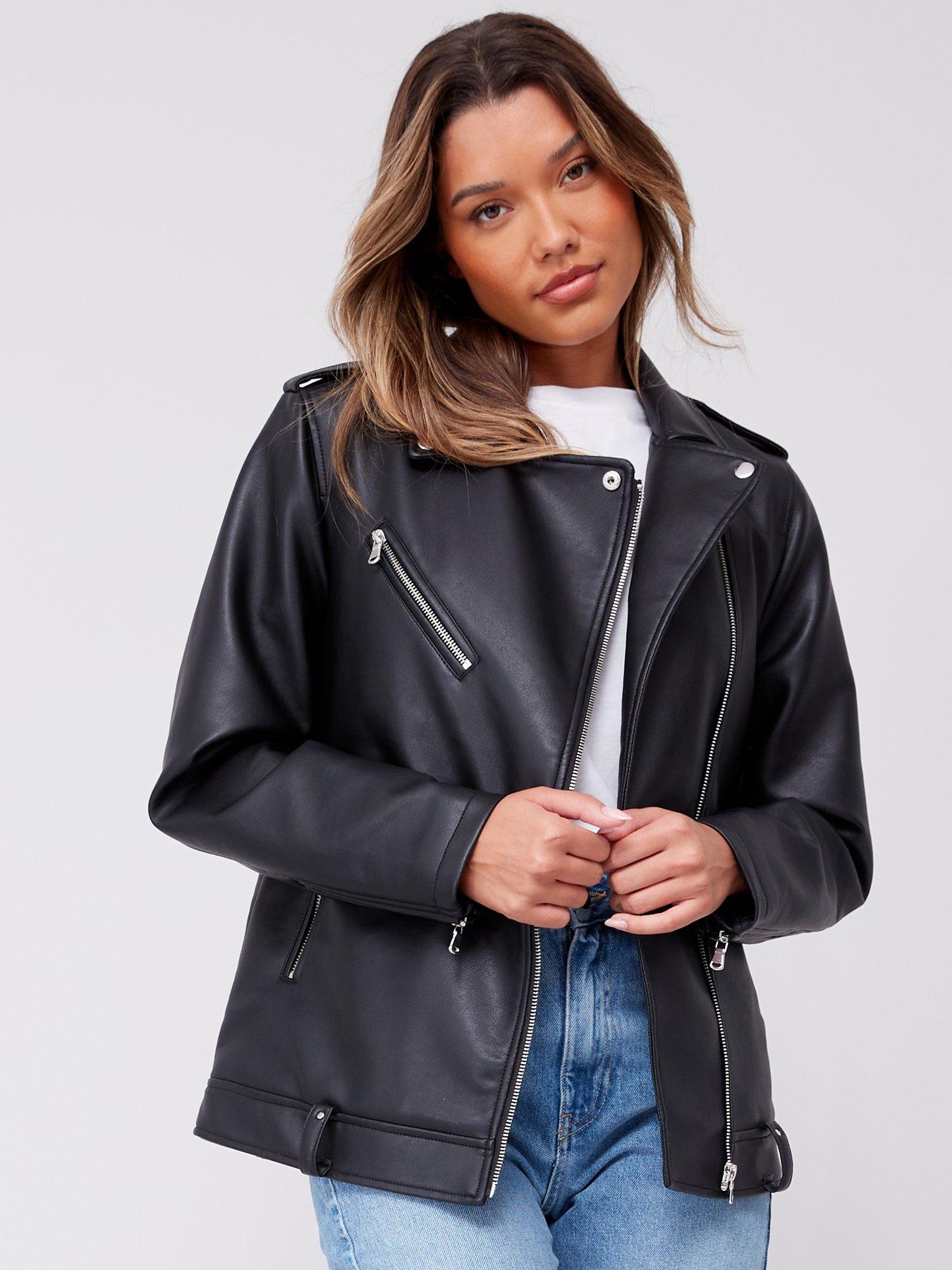 ASOS Premium Leather Biker Jacket With Floral Embroidery Black