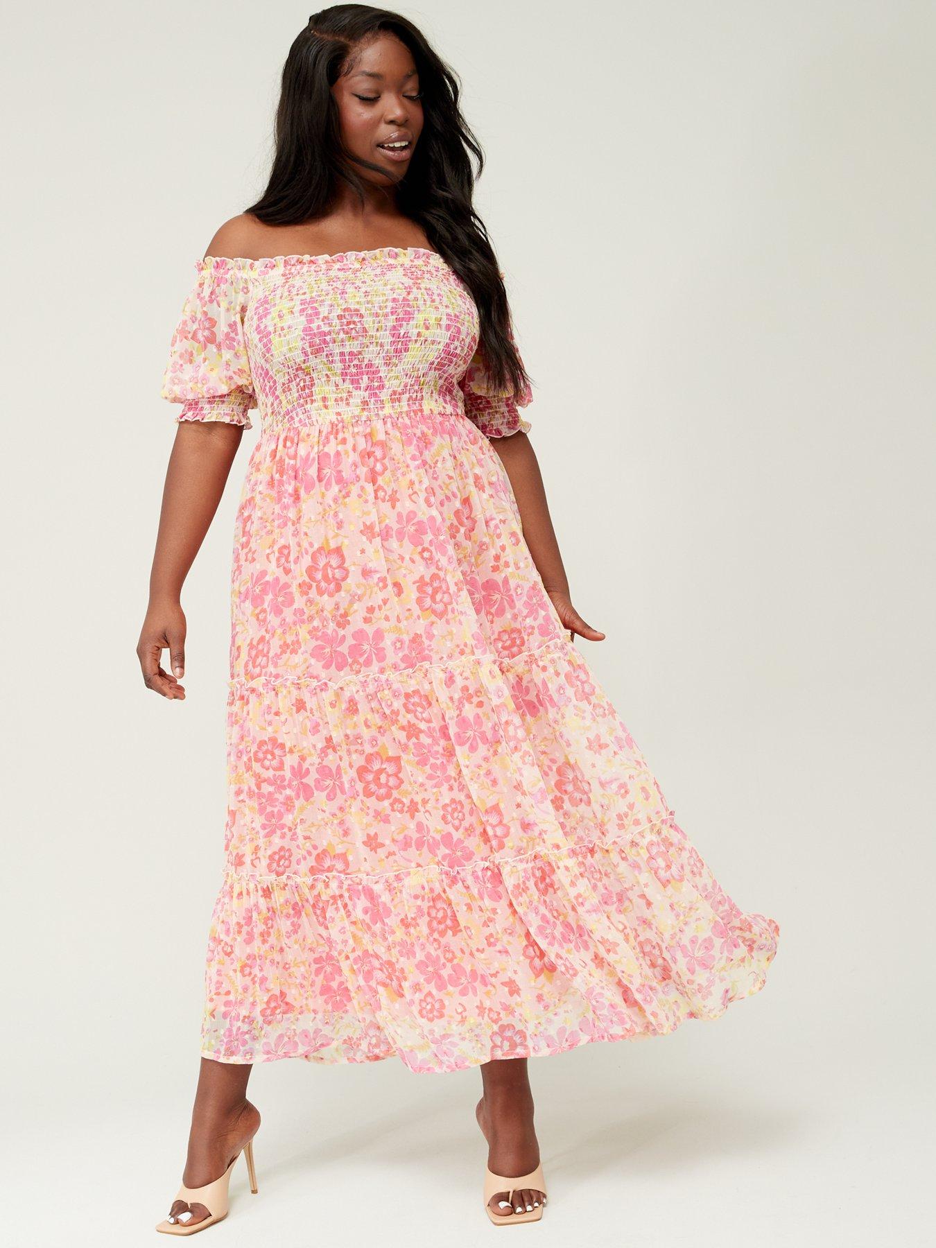 v-by-very-curve-shirred-chiffon-long-sleeve-tiered-floral-midi-dress