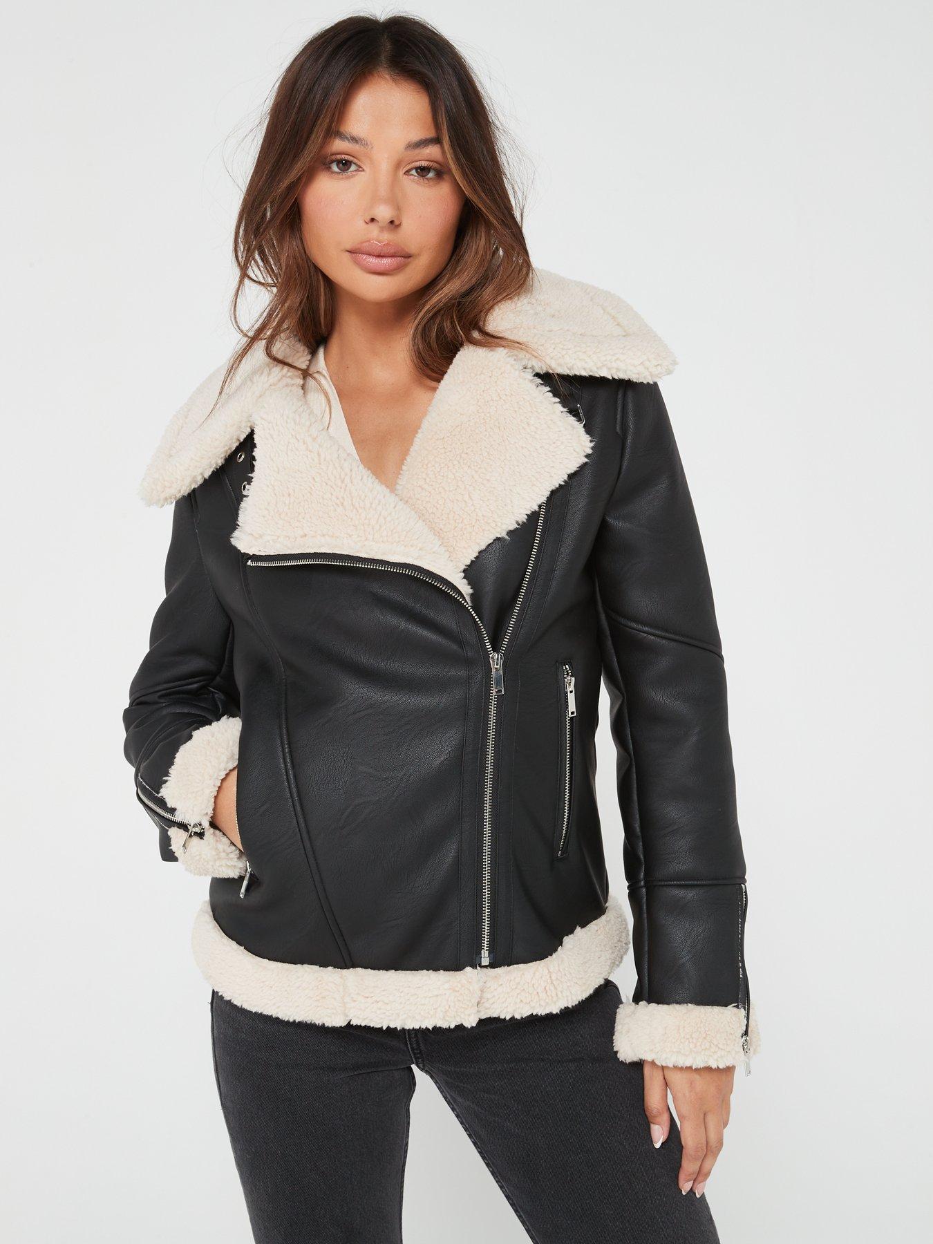 V by Very Faux Shearling Biker Jacket - Black