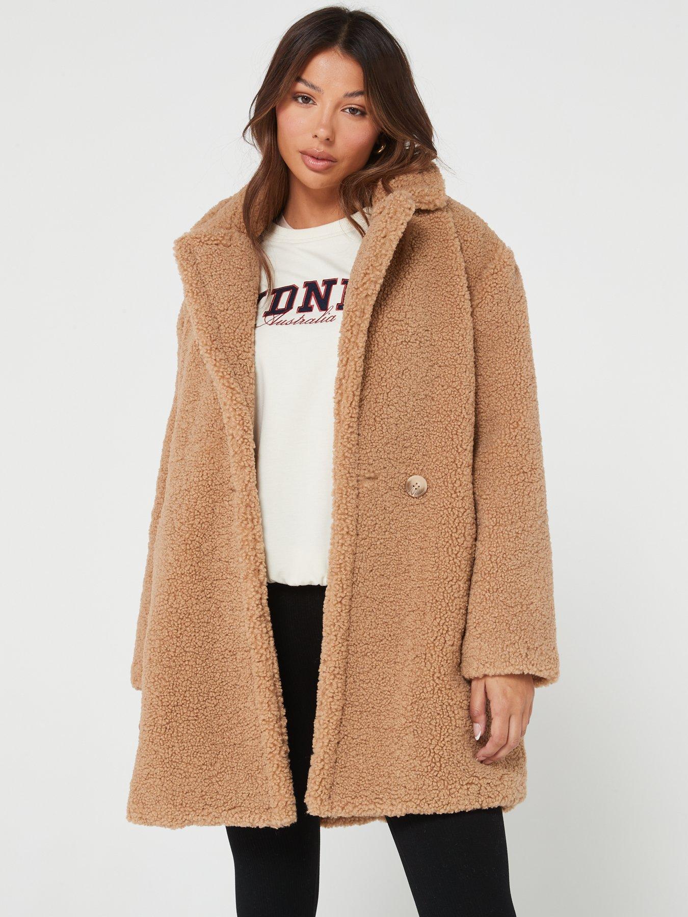 River Island oversized long line faux fur coat in brown