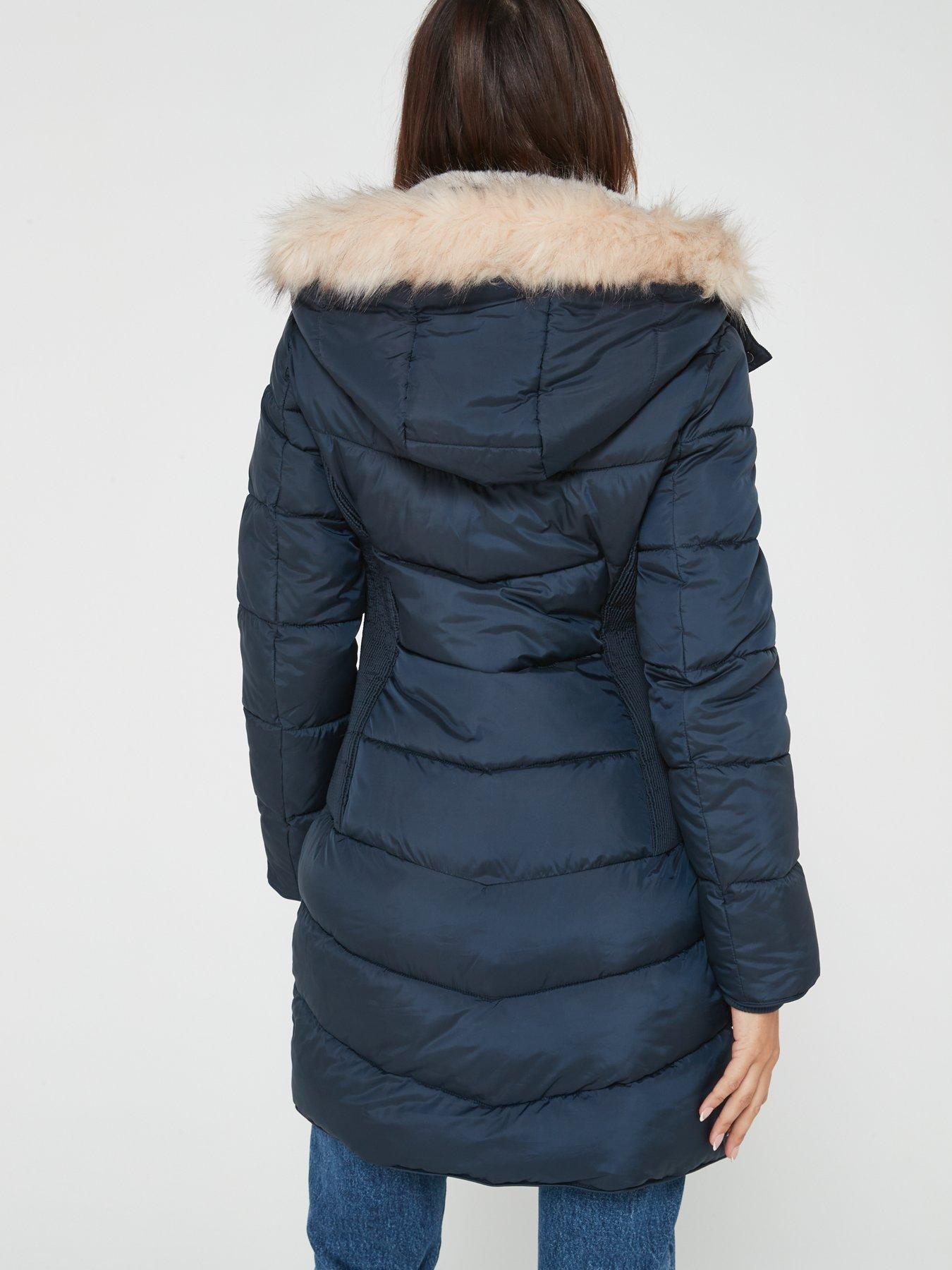 Navy puffer coat with cheap fur hood