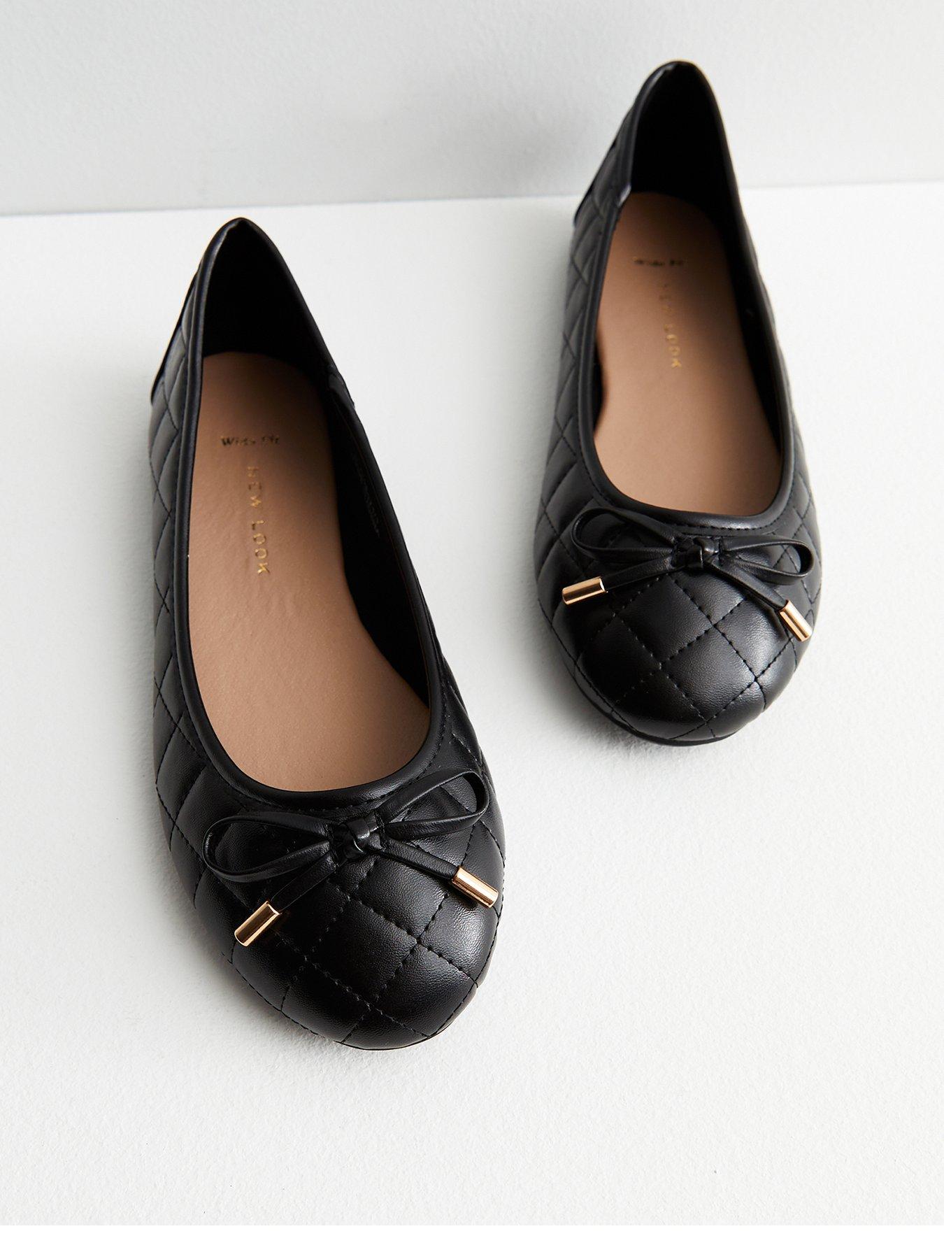 New Look Wide Fit Black Quilted Leather-Look Bow Ballerina Pumps