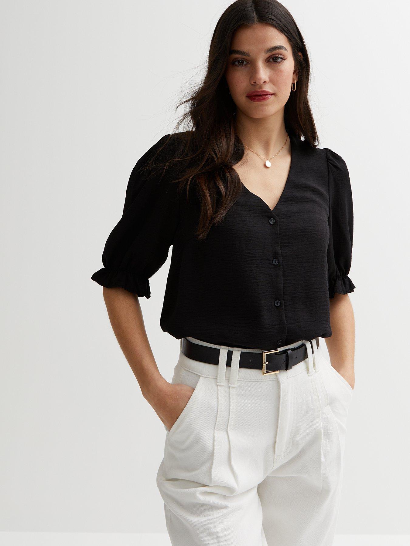 new-look-black-short-frill-sleeve-button-front-blouse
