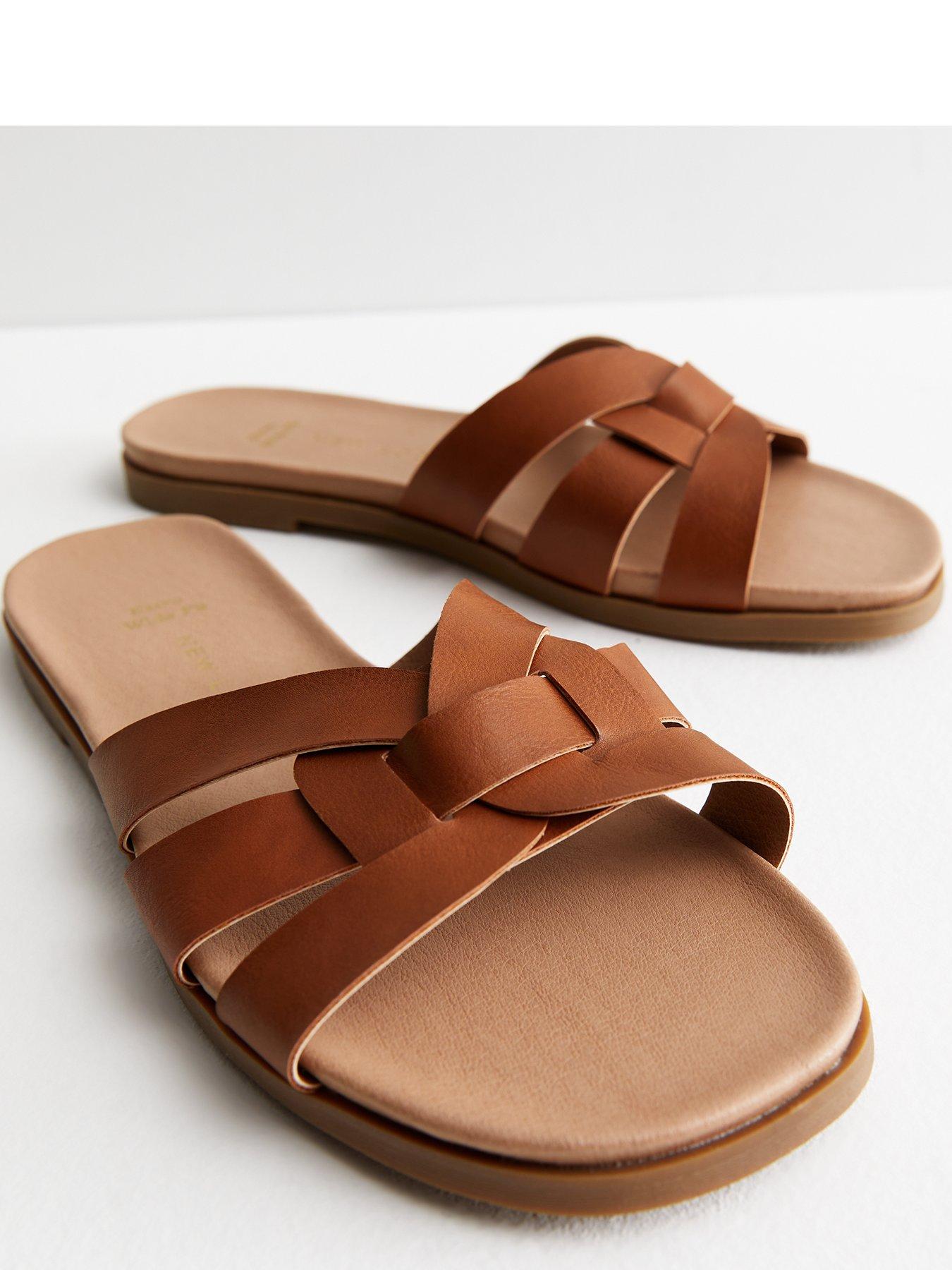 New Look Extra Wide Fit Tan Leather Look Cross Footbed Mule