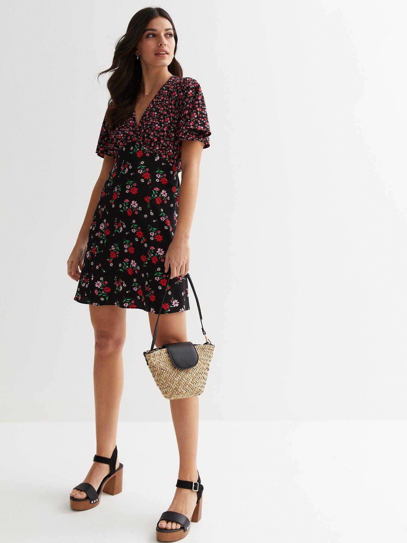 new-look-black-mixed-floral-flutter-sleeve-mini-tea-dress