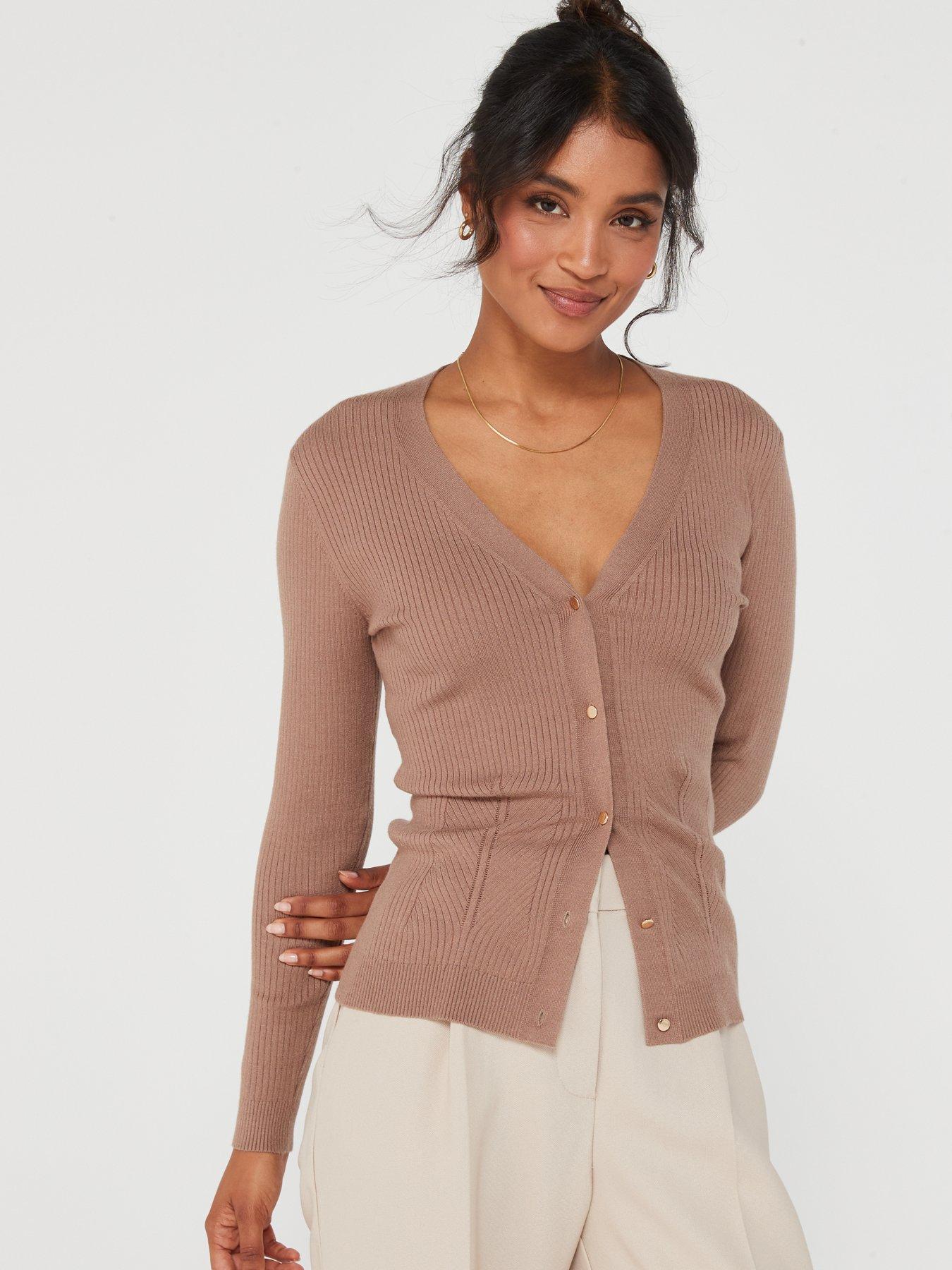 Everyday Ribbed V Neck Button Cardigan - Dark Beige