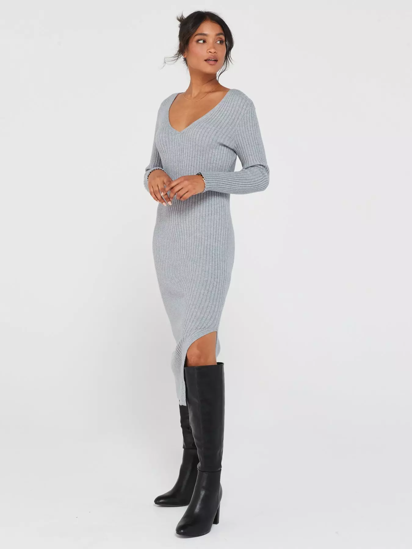 Calvin Klein Jeans Logo Graphic Ribbed Knit Midi Dress - Grey