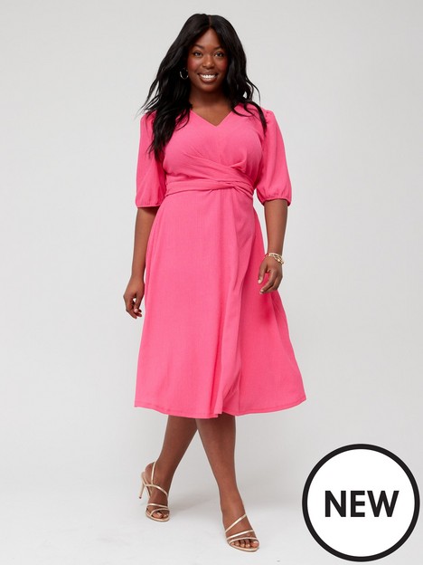 v-by-very-curve-wrap-front-puff-sleeve-textured-midi-dress-pink