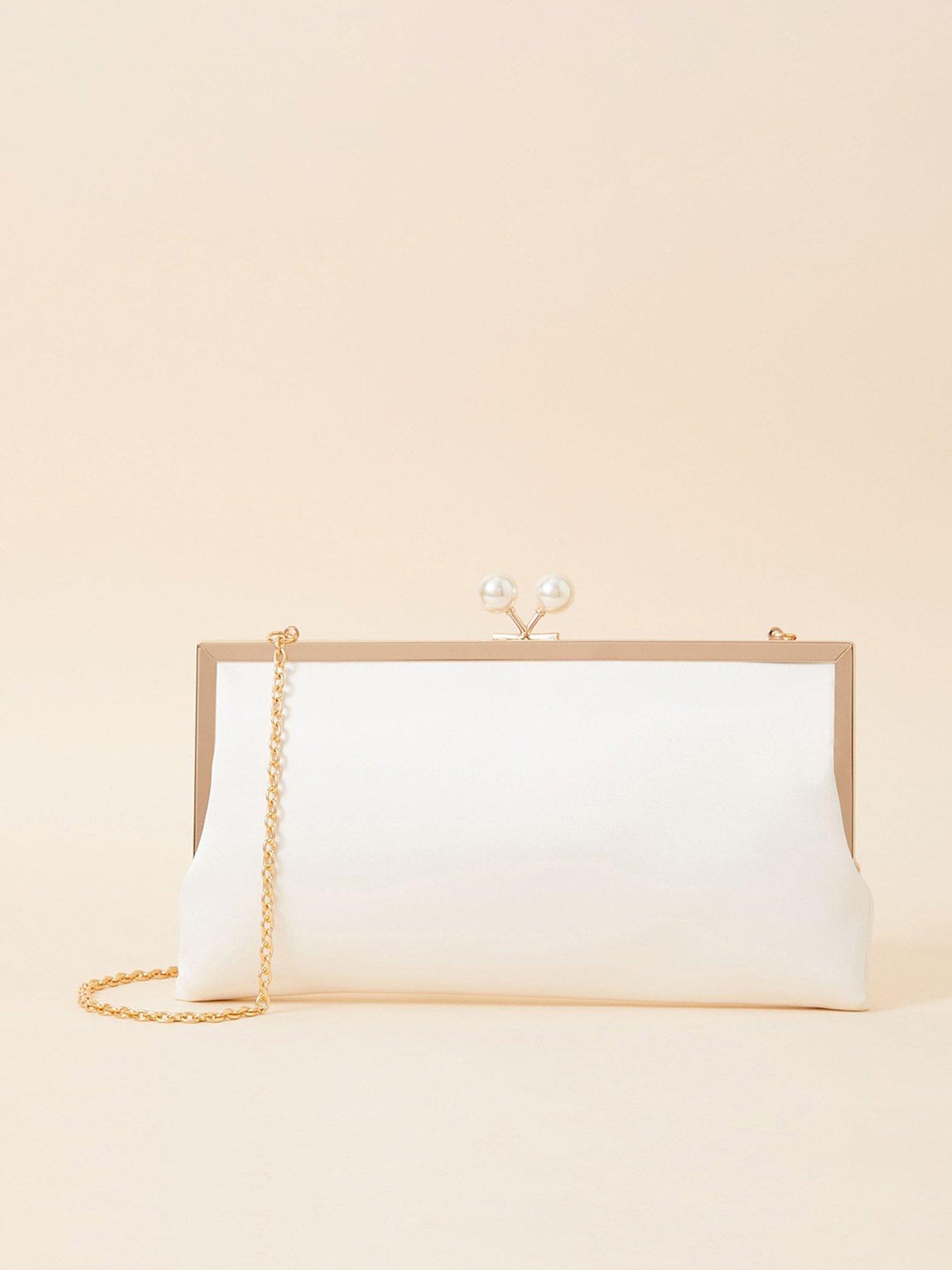 Image 1 of 3 of Accessorize Bridal Pearl Clasp Satin Clutch Bag