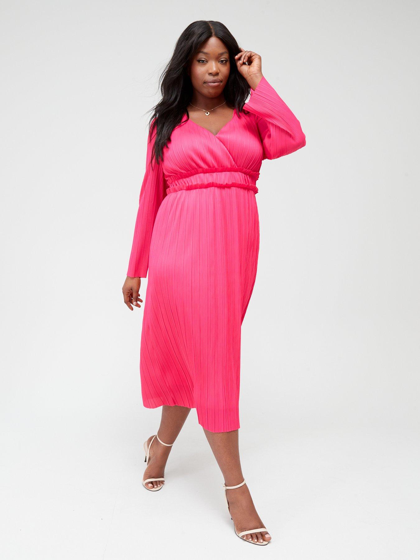 Tiered Ruffle Wrap Plisse Jumpsuit in Hot Pink