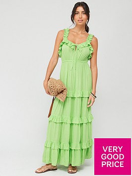V by Very Frill Tiered Beach Maxi Dress - Green | Very Ireland