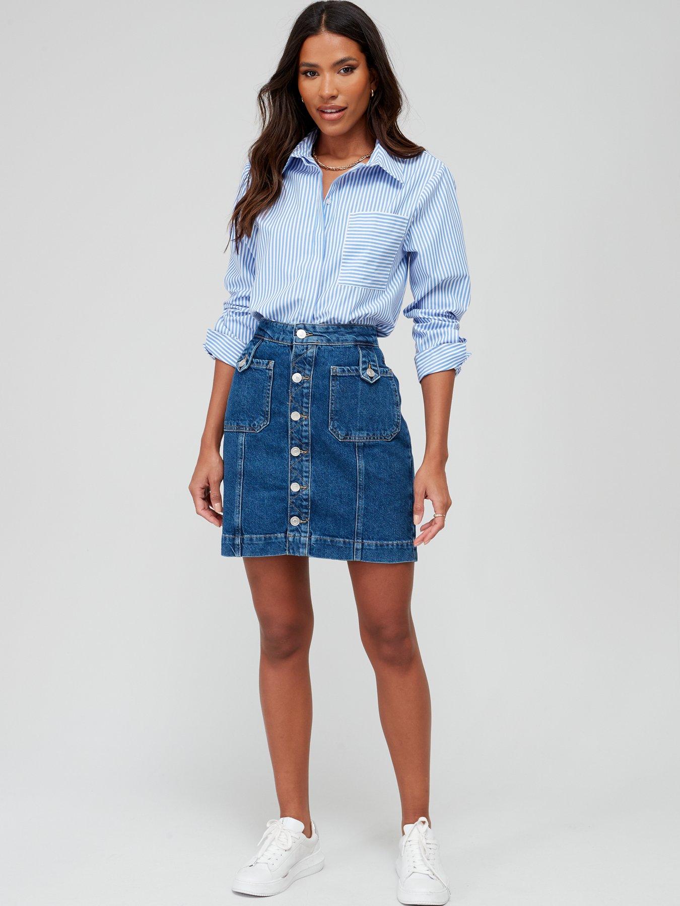 A line denim on sale skirt button front