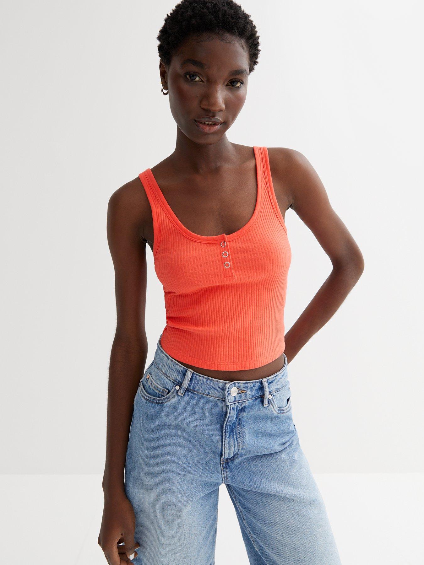 new-look-coral-ribbed-jersey-popper-front-crop-vest