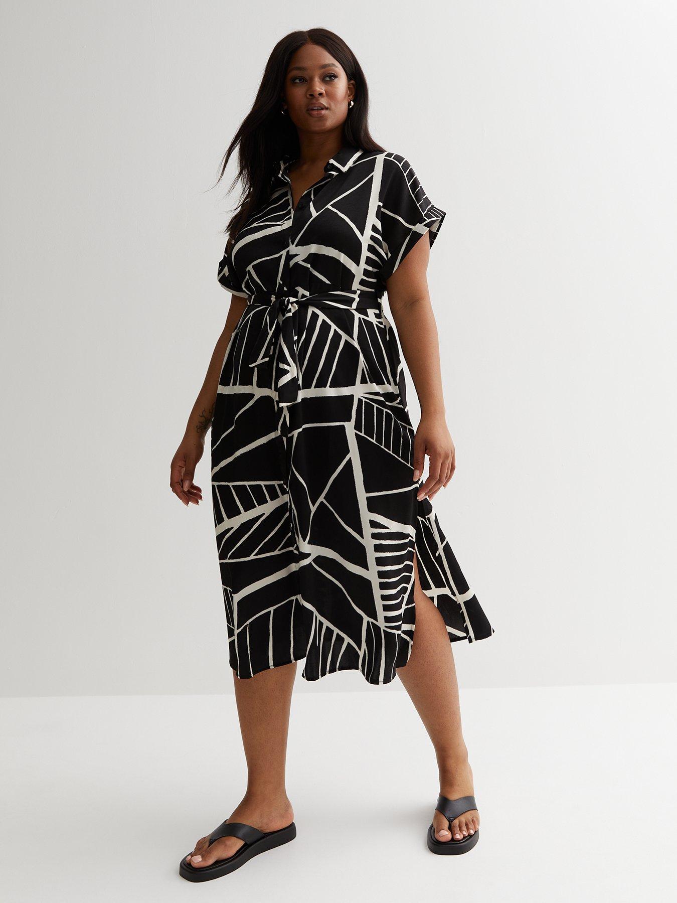 New Look Curves Black Abstract Line Short Sleeve Midi Shirt Dress