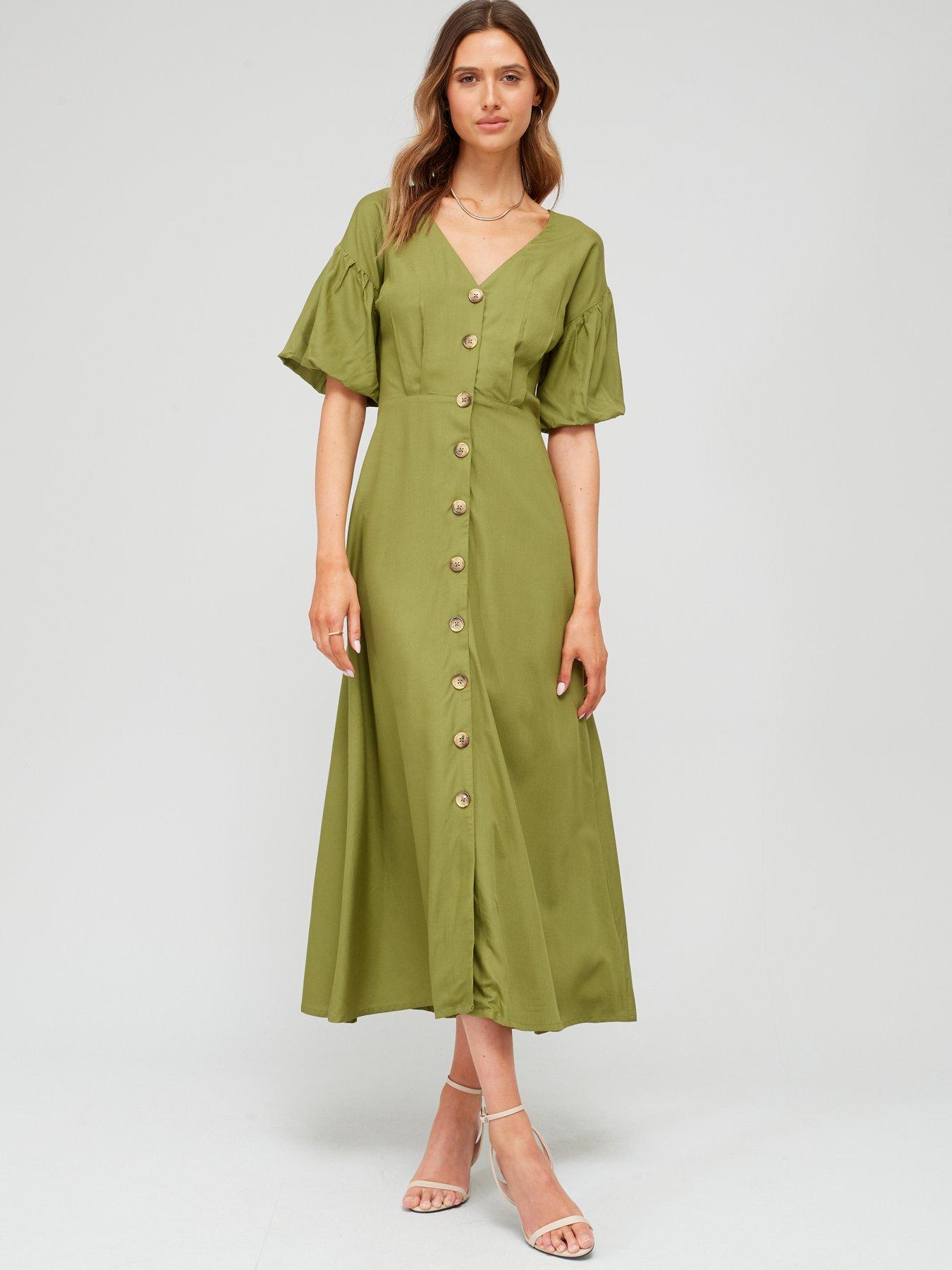 Green Puff Sleeve Frill Midaxi Dress