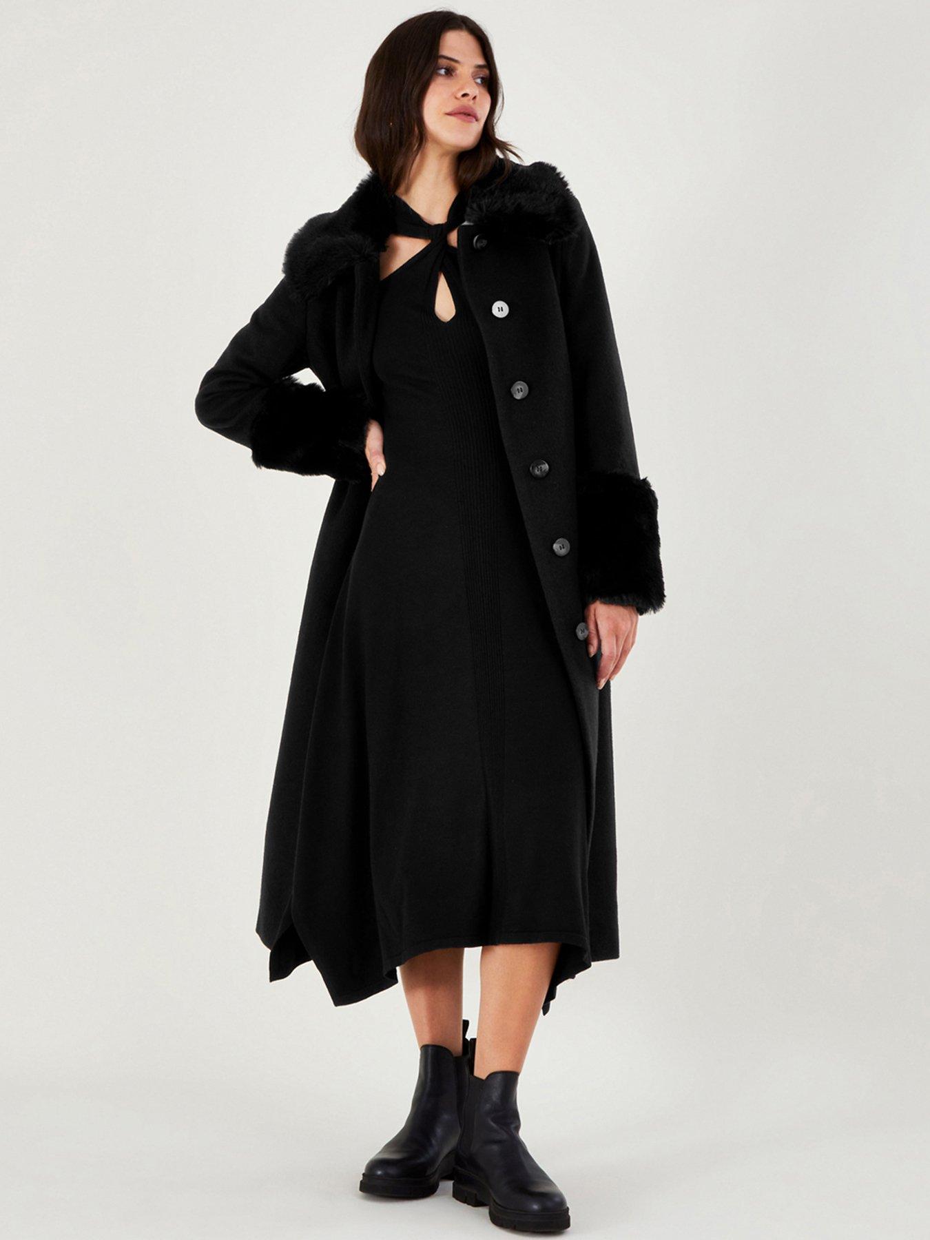 Felicity Faux Fur Trim Belted Wool Coat Black