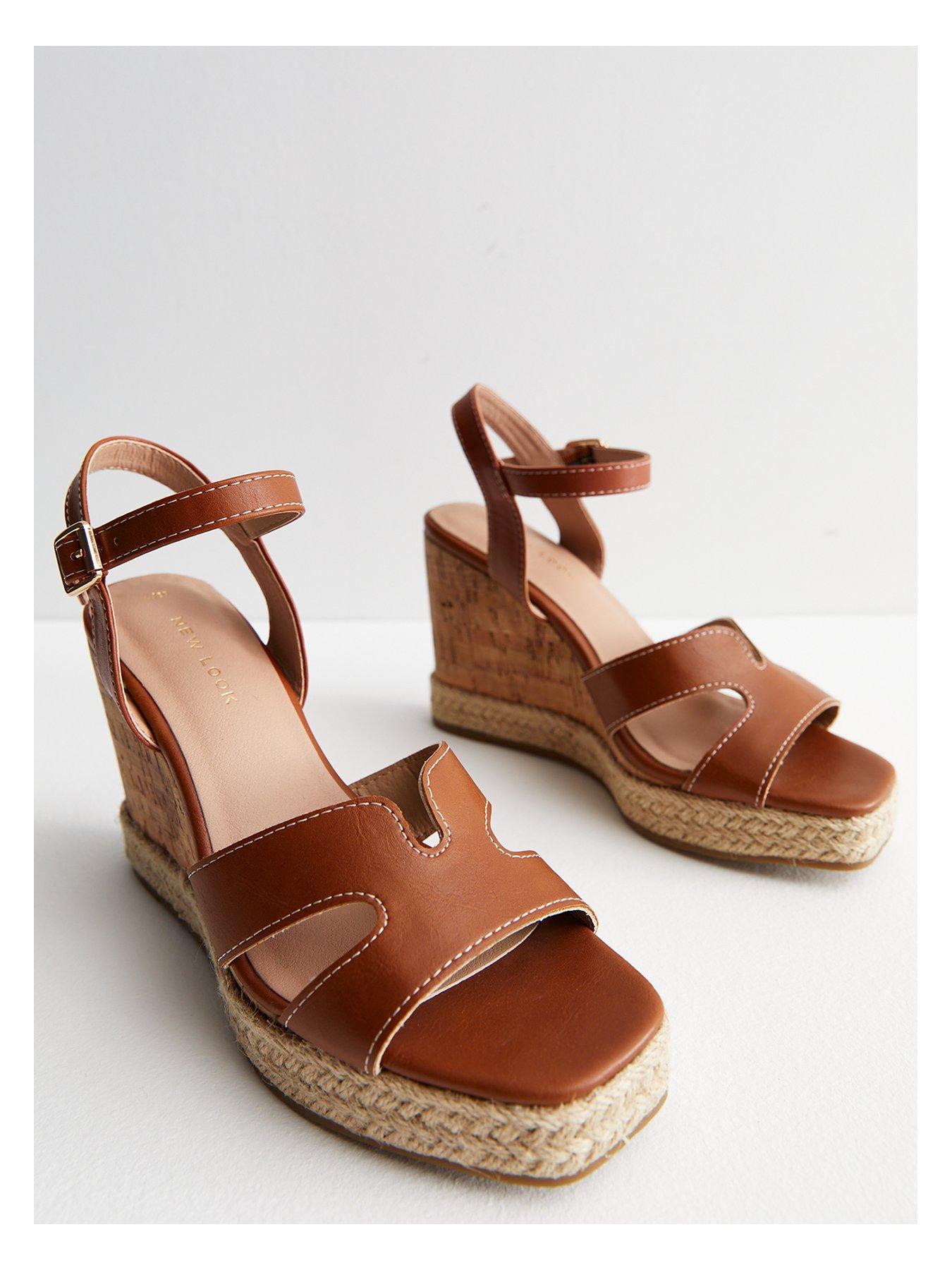 New Look Tan Leather-Look Espadrille Trim Wedge Heel Sandals