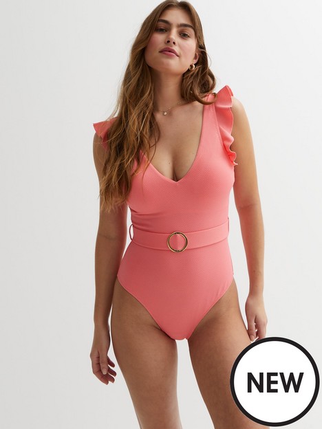 new-look-coral-frill-sleeve-belted-swimsuit