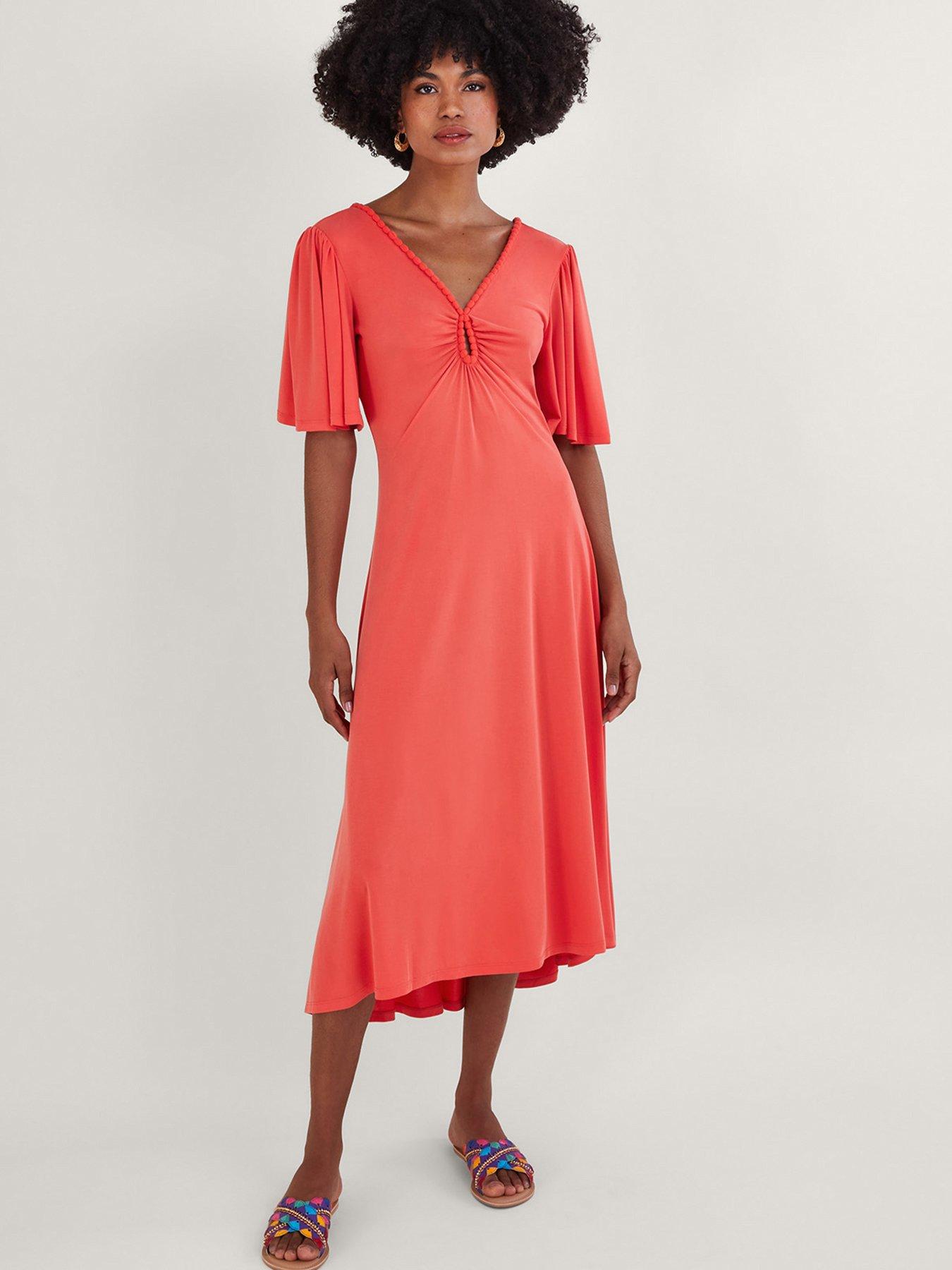 Image 1 of 5 of Monsoon Jersey Pom Pom Keyhole Dress - Pink