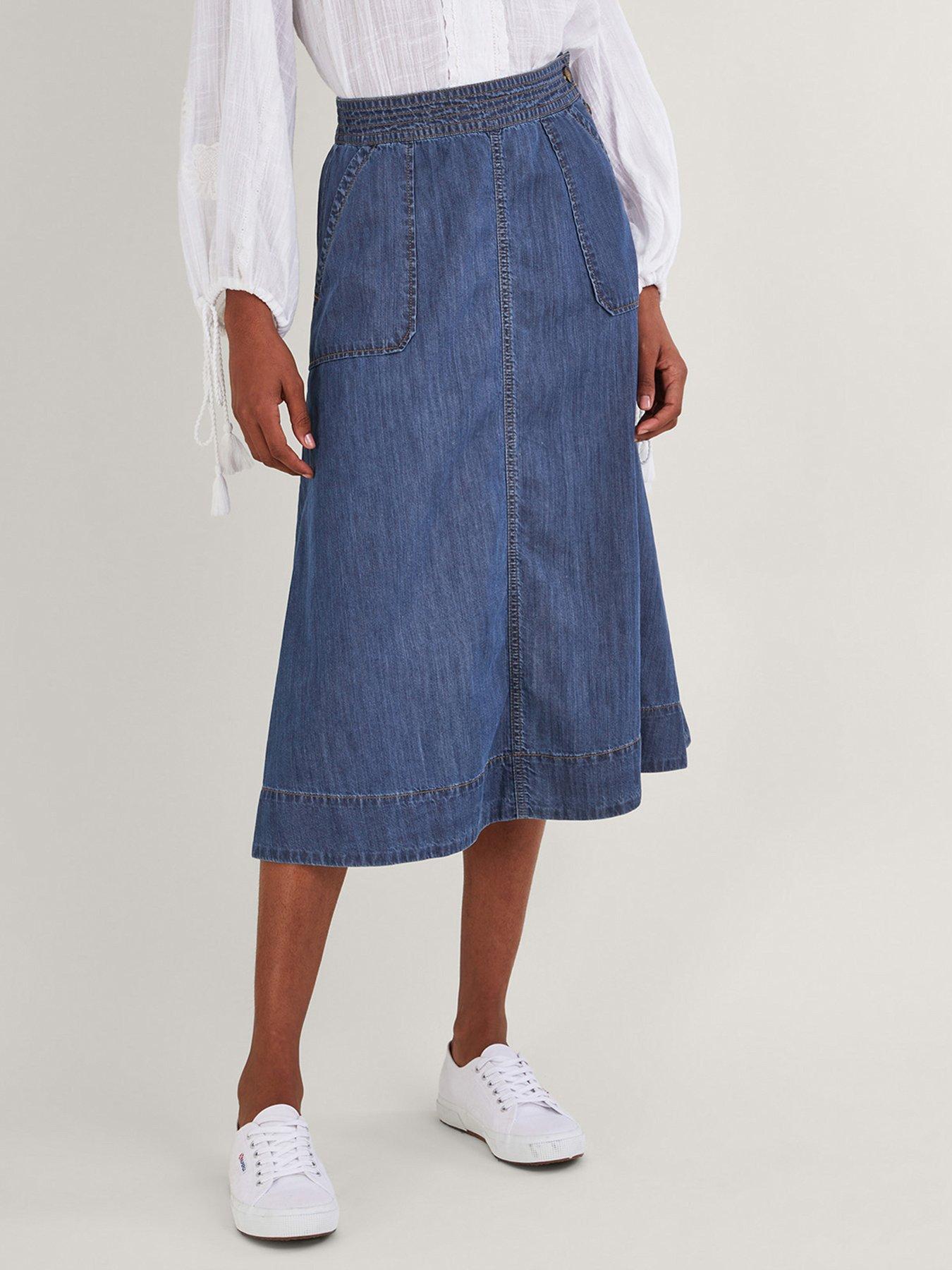 Image 1 of 5 of Monsoon Pull On Midi Skirt - Blue