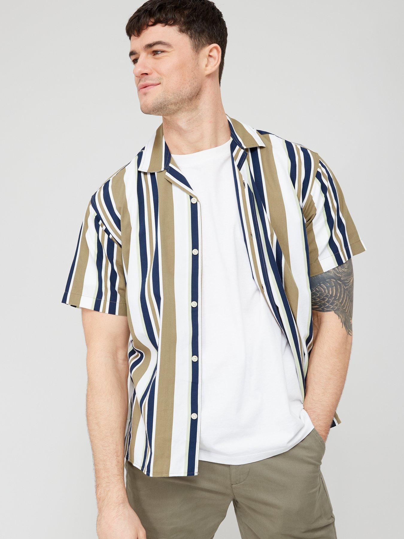 Mens striped short 2024 sleeve button up