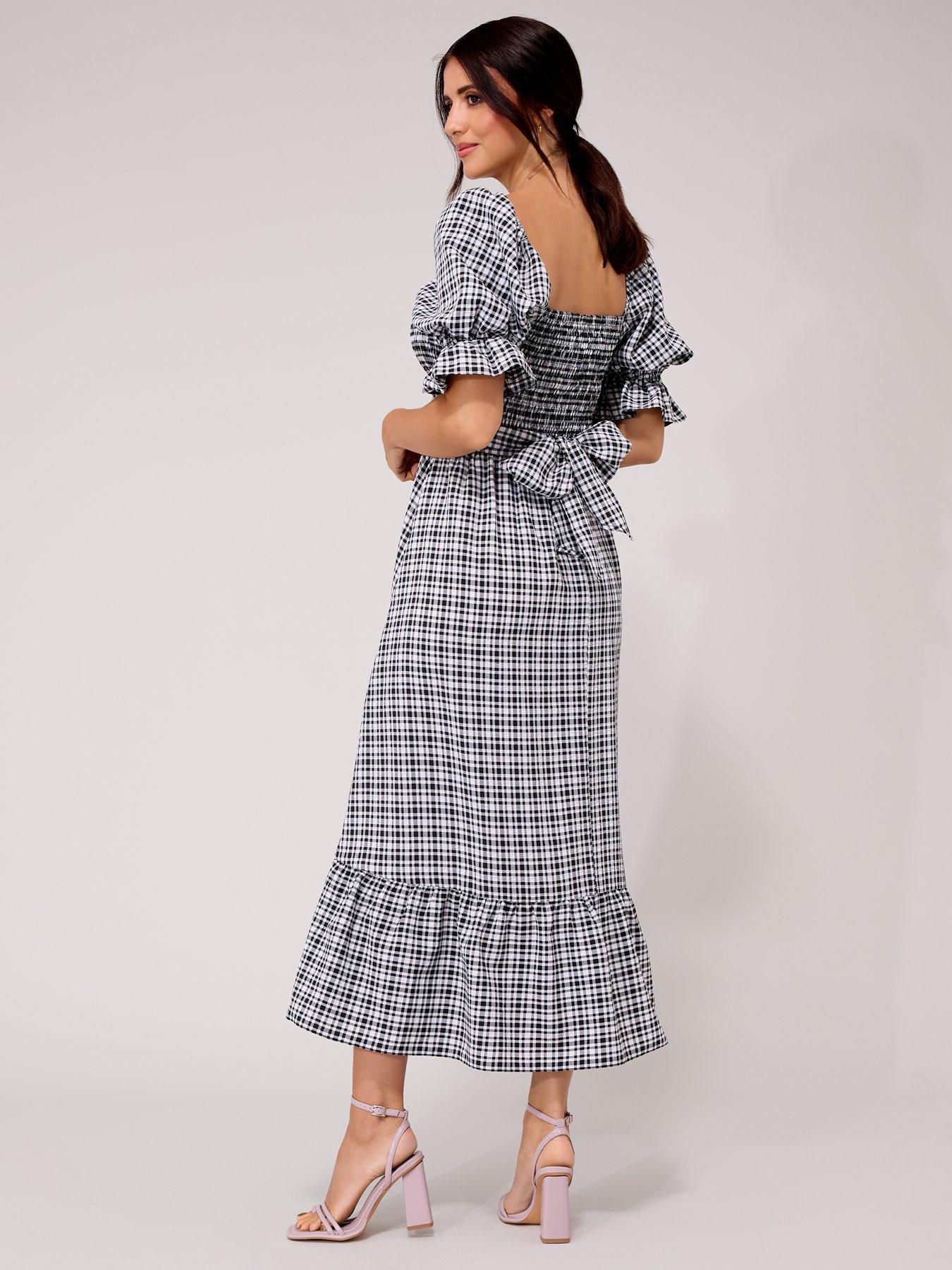 Black gingham tie waist best sale tea dress