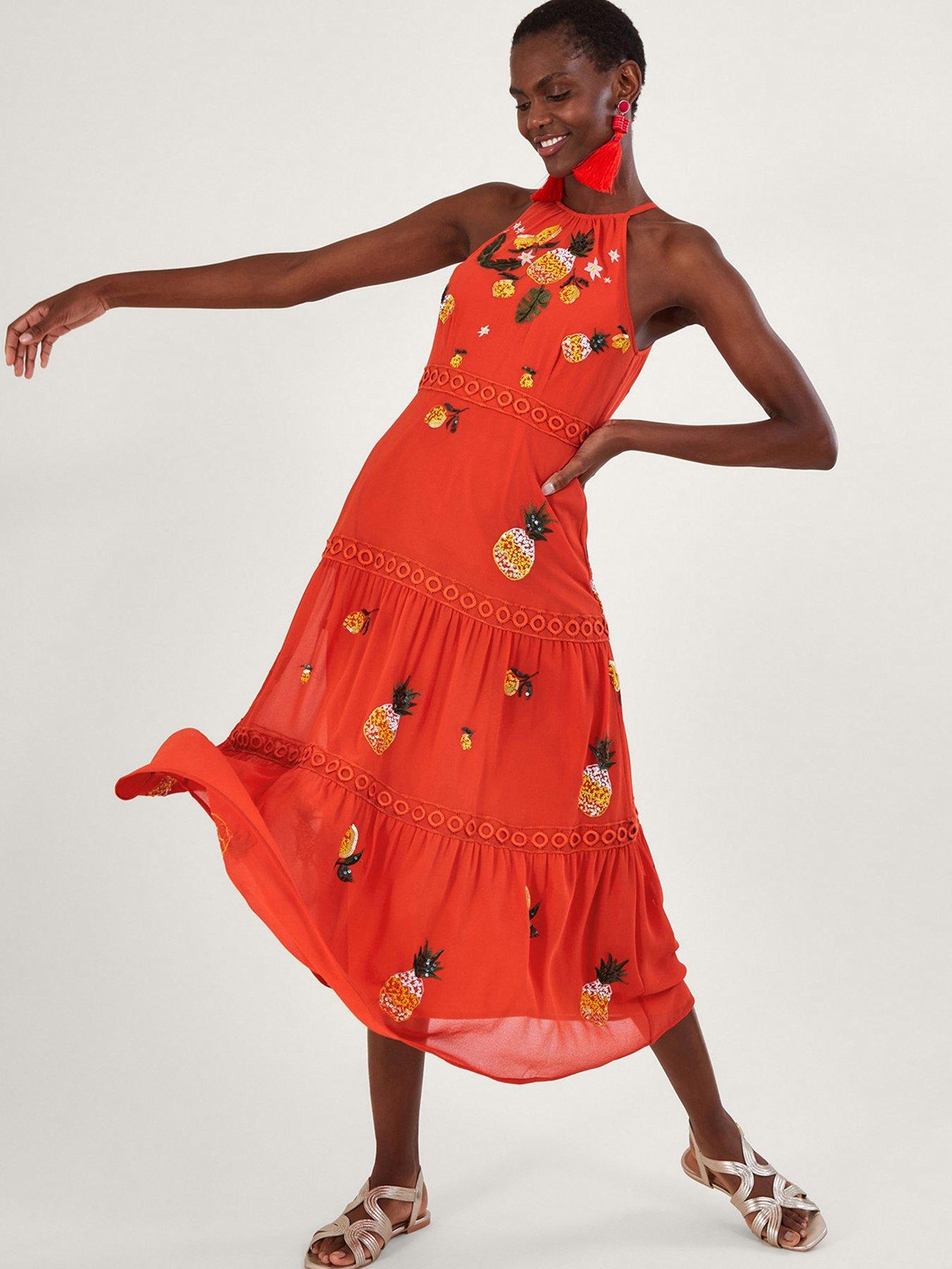 Isabel Embroidered Midi Dress Orange