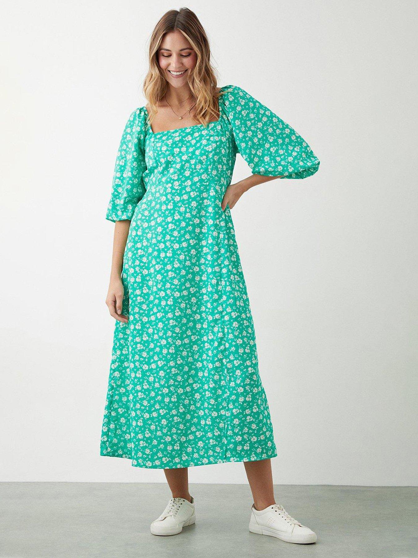 Floral Square Neck Midi Dress Green