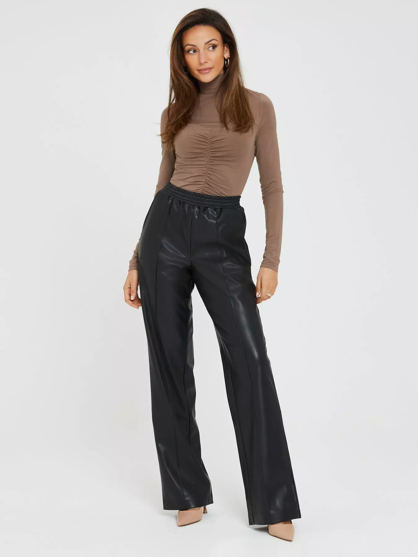 Sosandar Tan Faux Leather Wide Leg Trousers