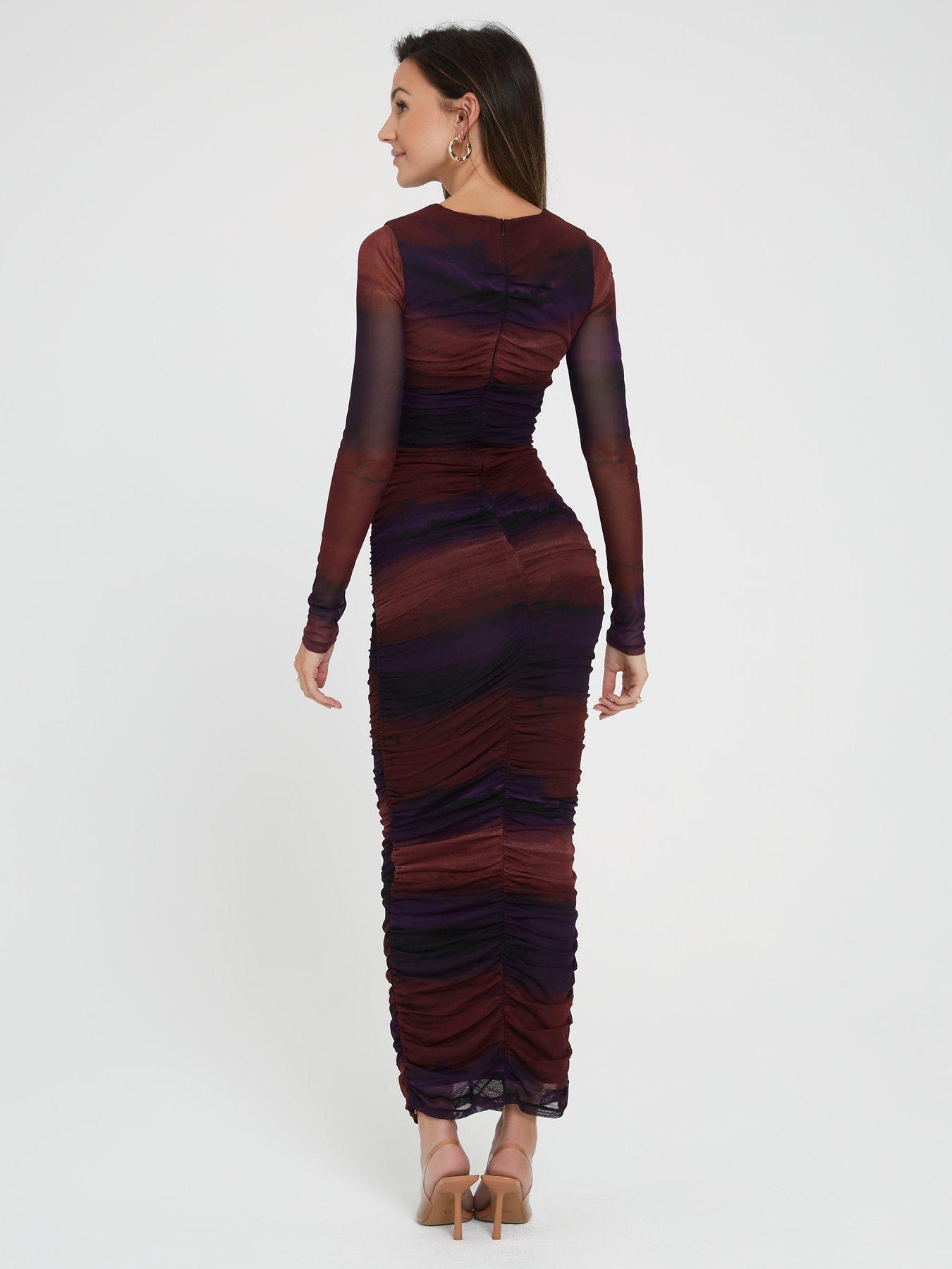 Michelle Keegan Printed Mesh Ruched Midi Dress Multi Very Ireland