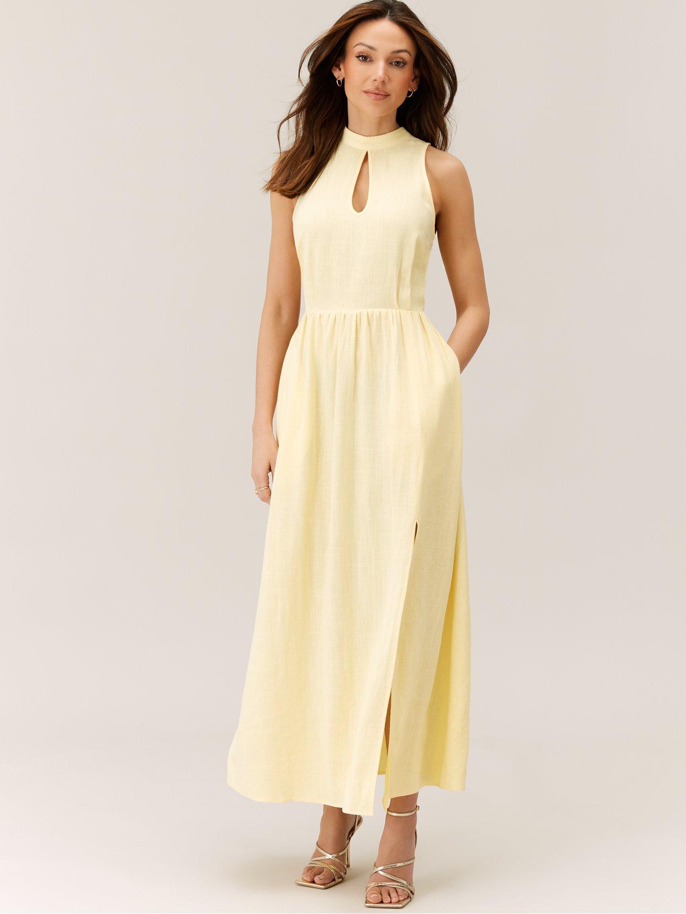 michelle-keegan-high-neck-linen-floaty-midi-dress-yellowfront