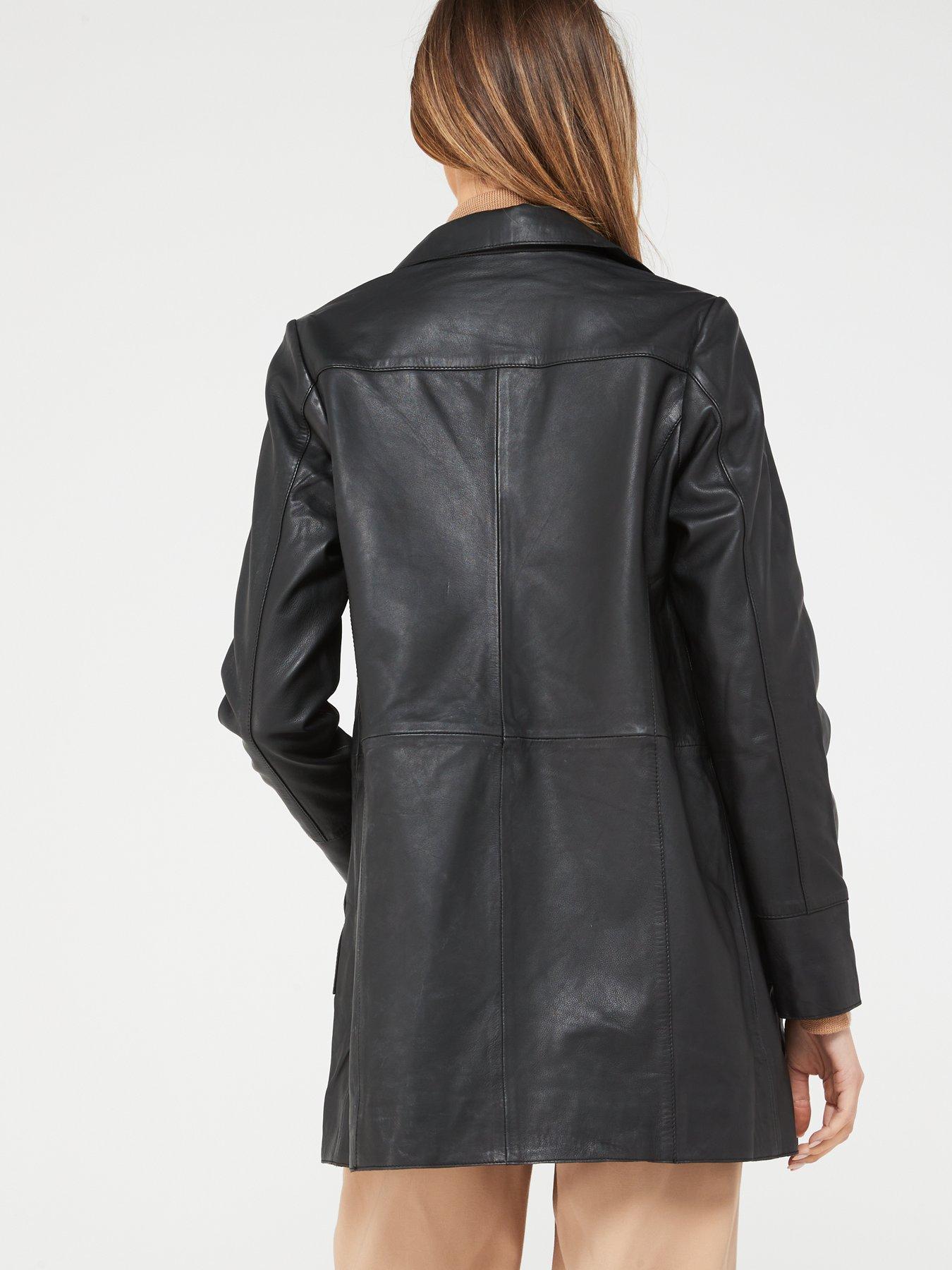 Black leather longline jacket sales